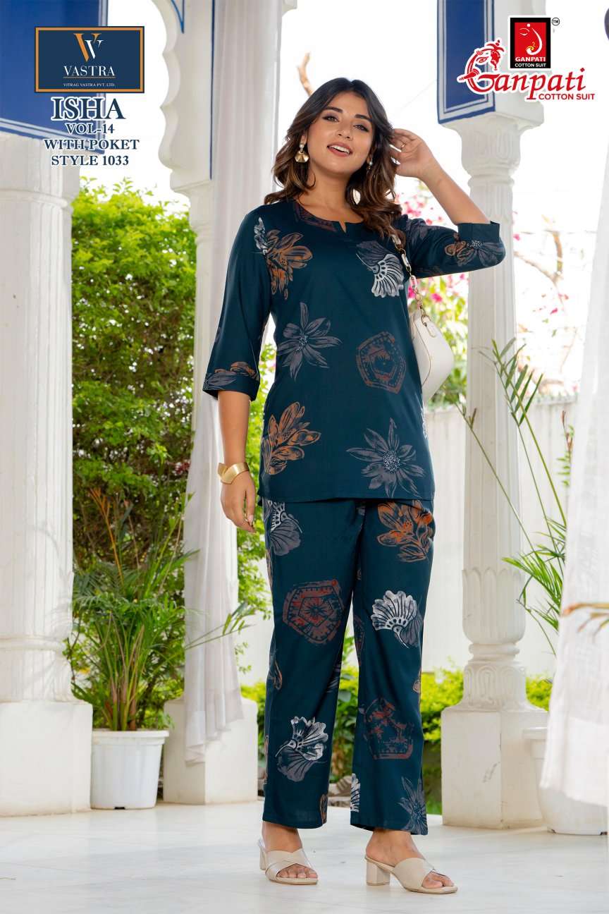 GANPATI ISHA VOL 14 RAYON PRINTED SUMMER WEAR LADIES CO-ORD SET