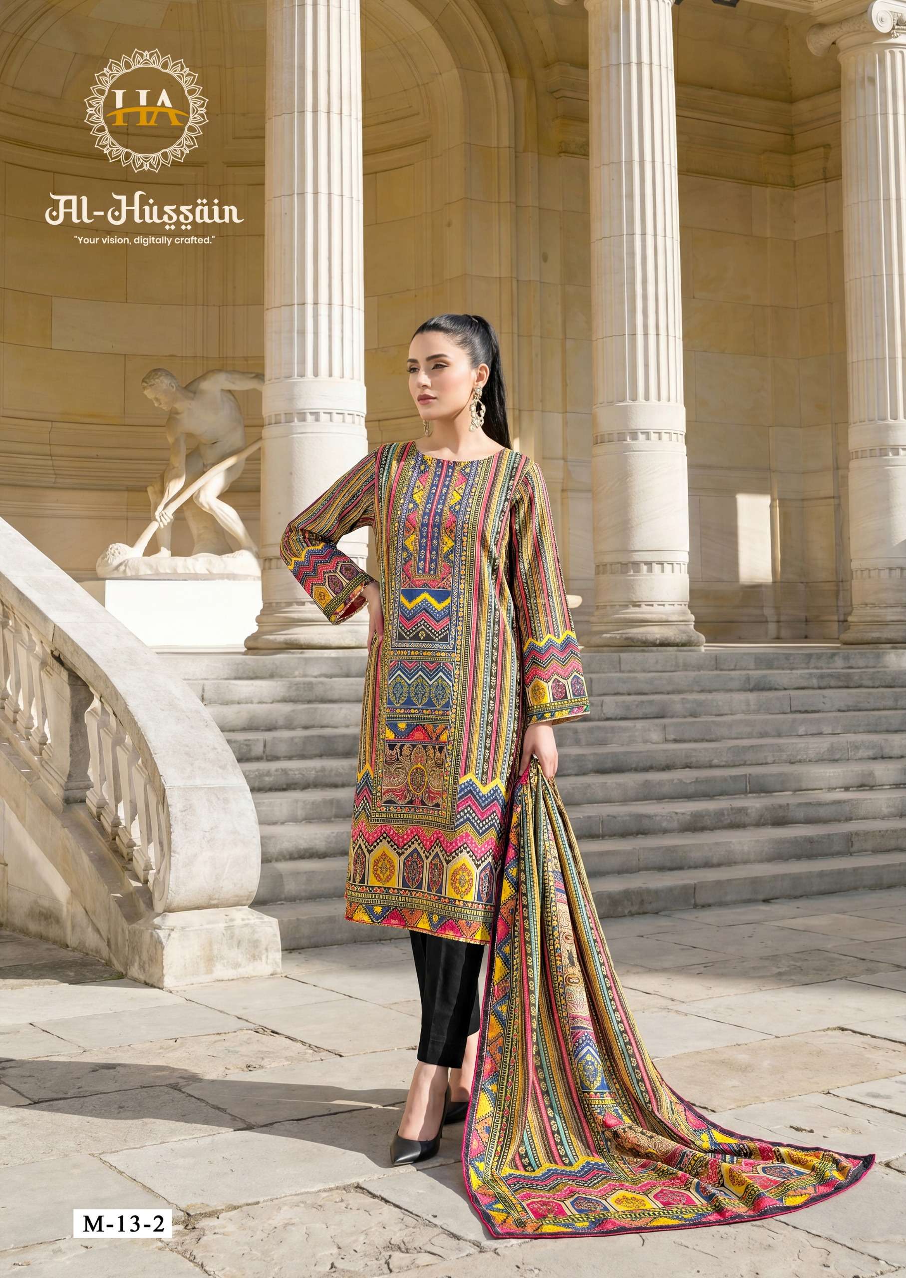 HARSHIT FASHION HUB AL HUSSAIN JAM COTTON PRINT WITH FANCY WORK SUIT