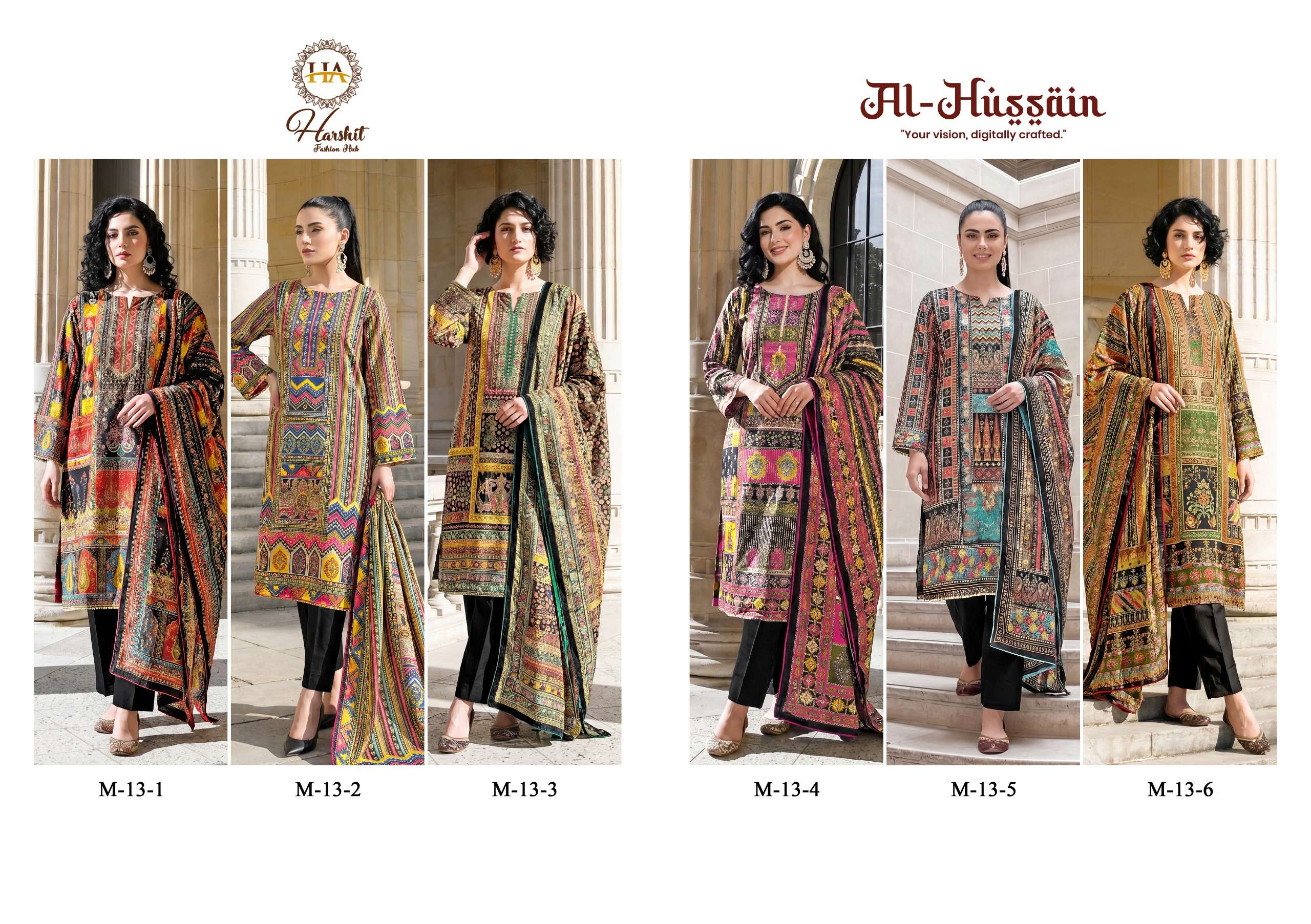 HARSHIT FASHION HUB AL HUSSAIN JAM COTTON PRINT WITH FANCY WORK SUIT