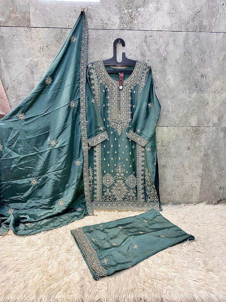HOOR TEX HF 473 CHINON FABRIC EMBROIDERY DESIGNER WORK READY MADE PAKISTANI SUIT