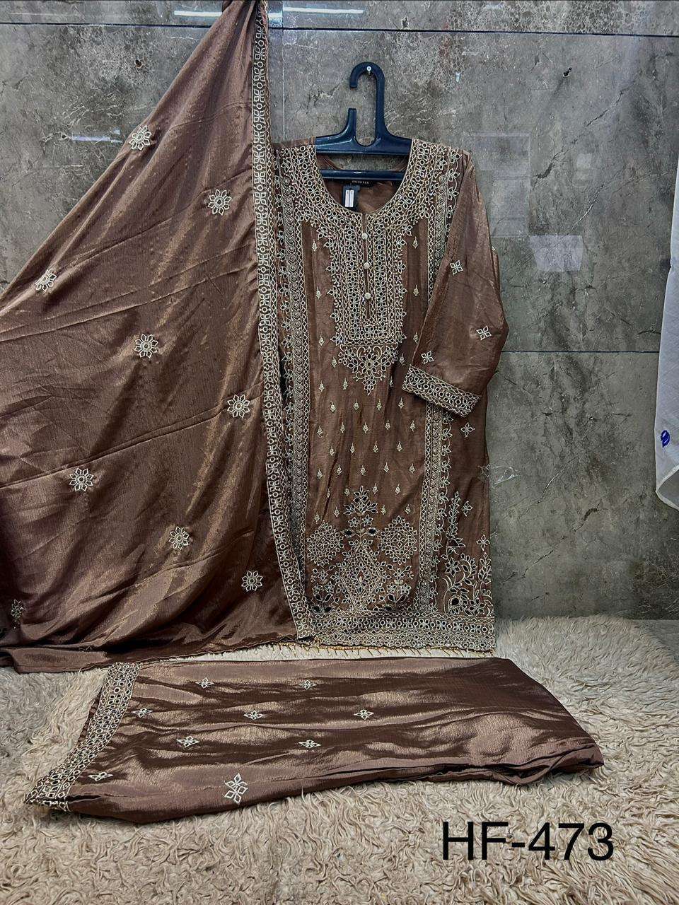 HOOR TEX HF 473 CHINON FABRIC EMBROIDERY DESIGNER WORK READY MADE PAKISTANI SUIT