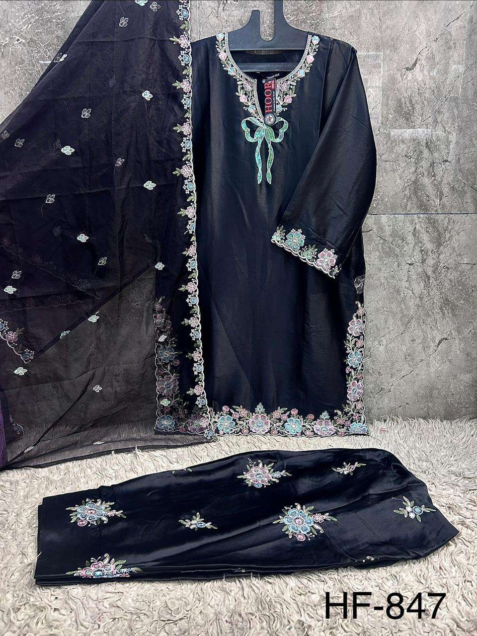 HOOR TEX HF 847 SATIN FABRIC DESIGNER WORK READY MADE PAKISTANI SUIT