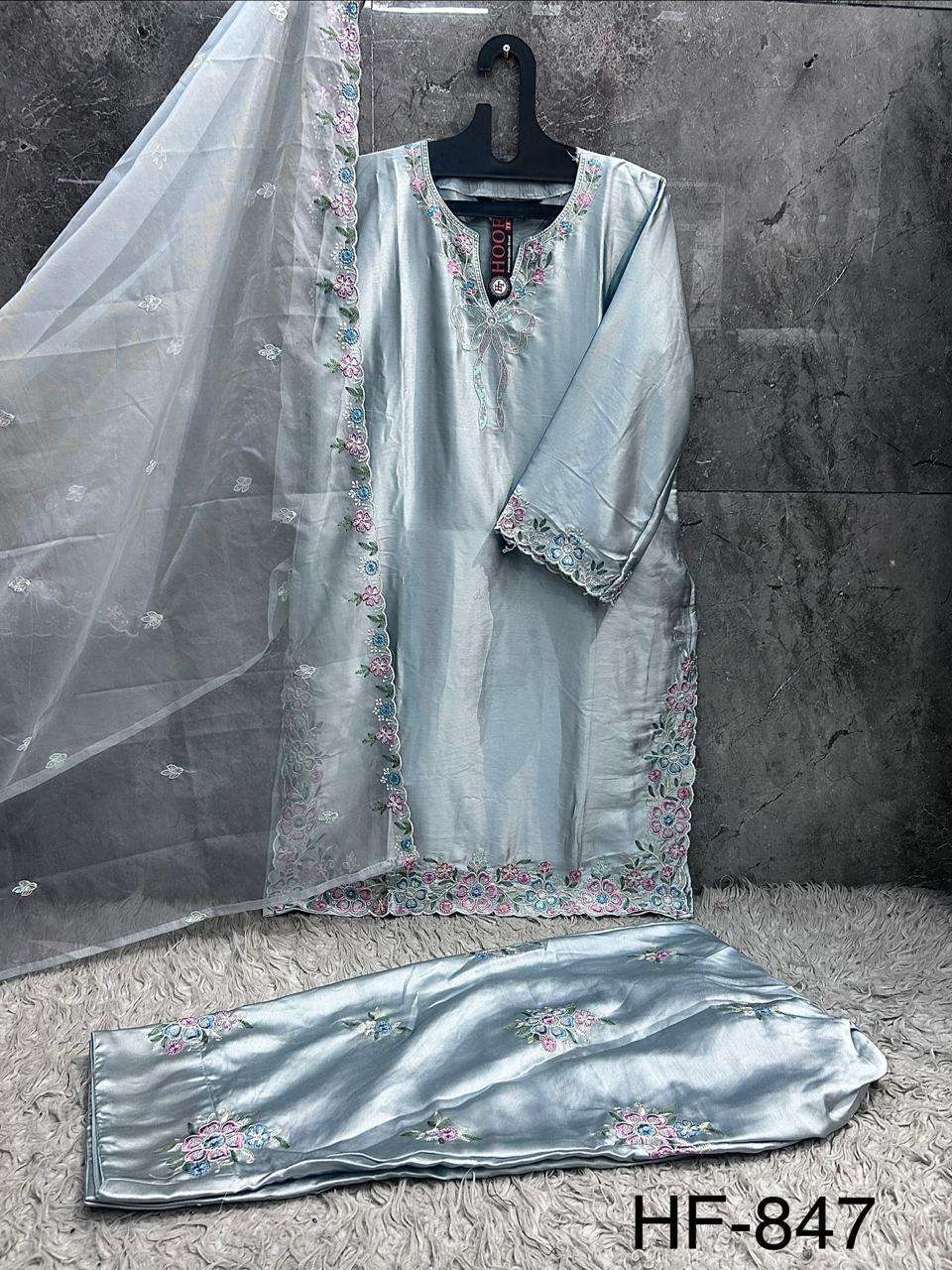 HOOR TEX HF 847 SATIN FABRIC DESIGNER WORK READY MADE PAKISTANI SUIT