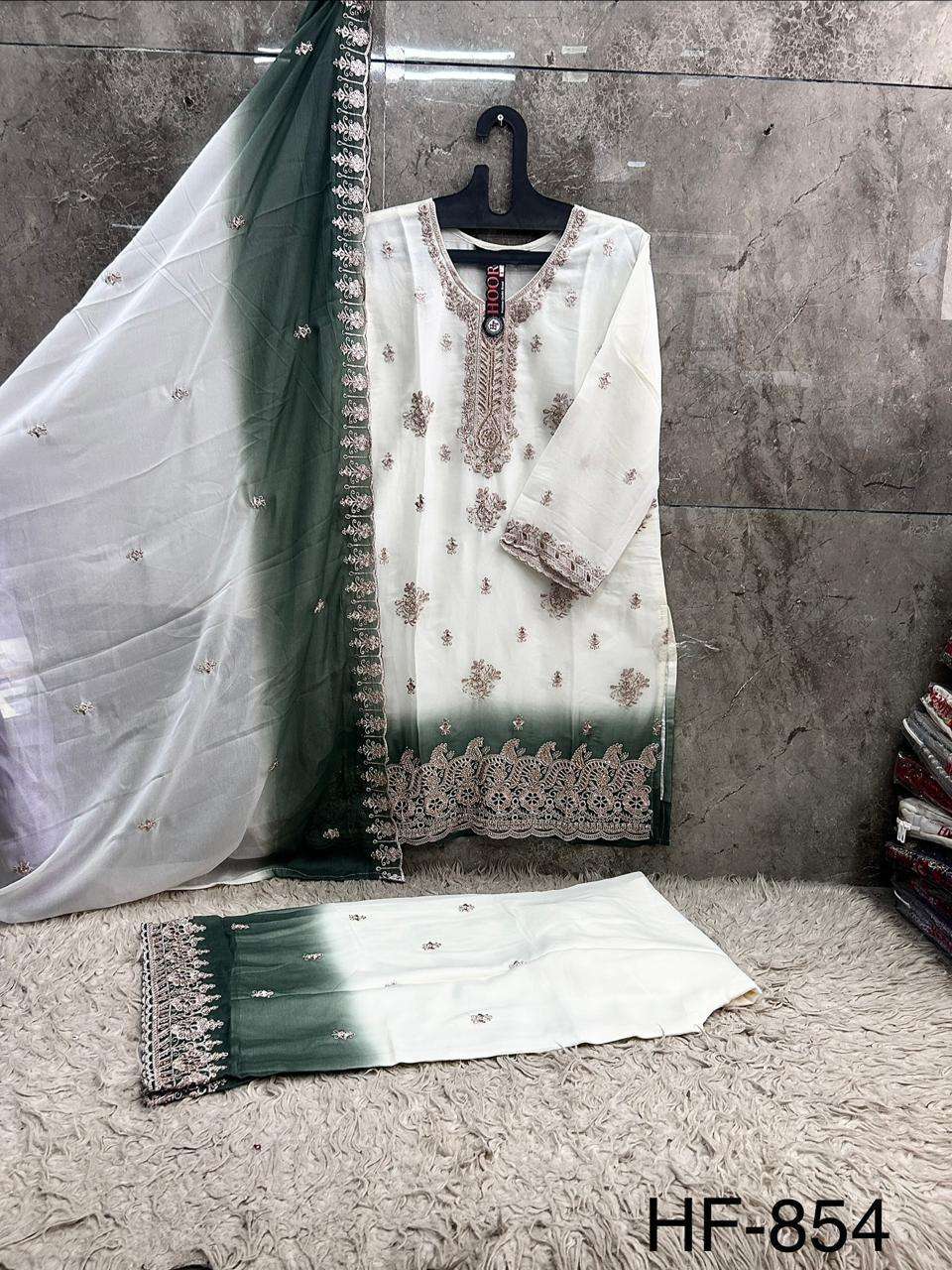 HOOR TEX HF 854 SIMER FABRIC HEAVY EMBROIDERY DESIGNER READY MADE PAKISTANI SUIT