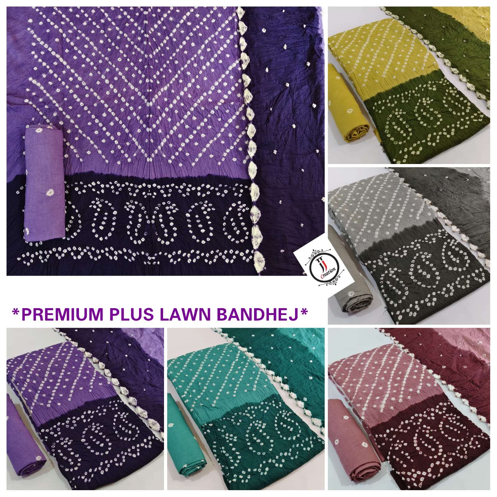 JJ CREATION PREMIUM PLUS LAWN BANDHEJ SATIN COTTON SUIT
