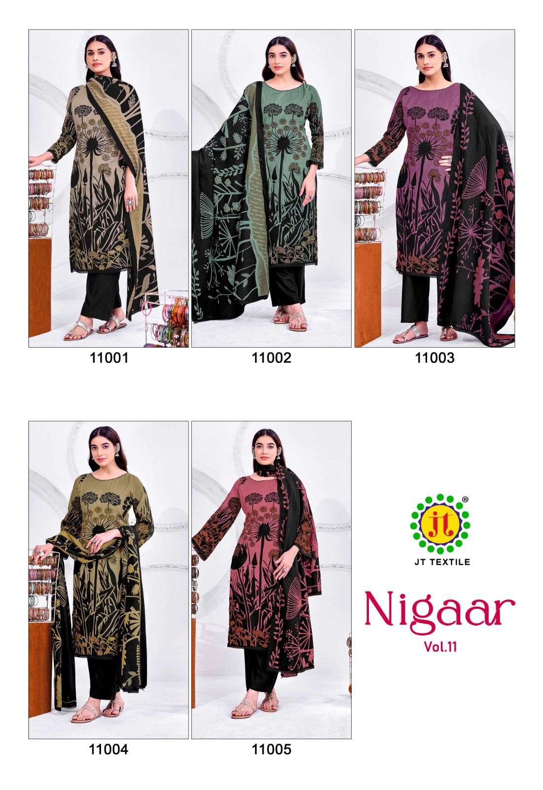 JT NIGAAR VOL 11 RAYON PRINT WITH FANCY LACE WORK SUIT