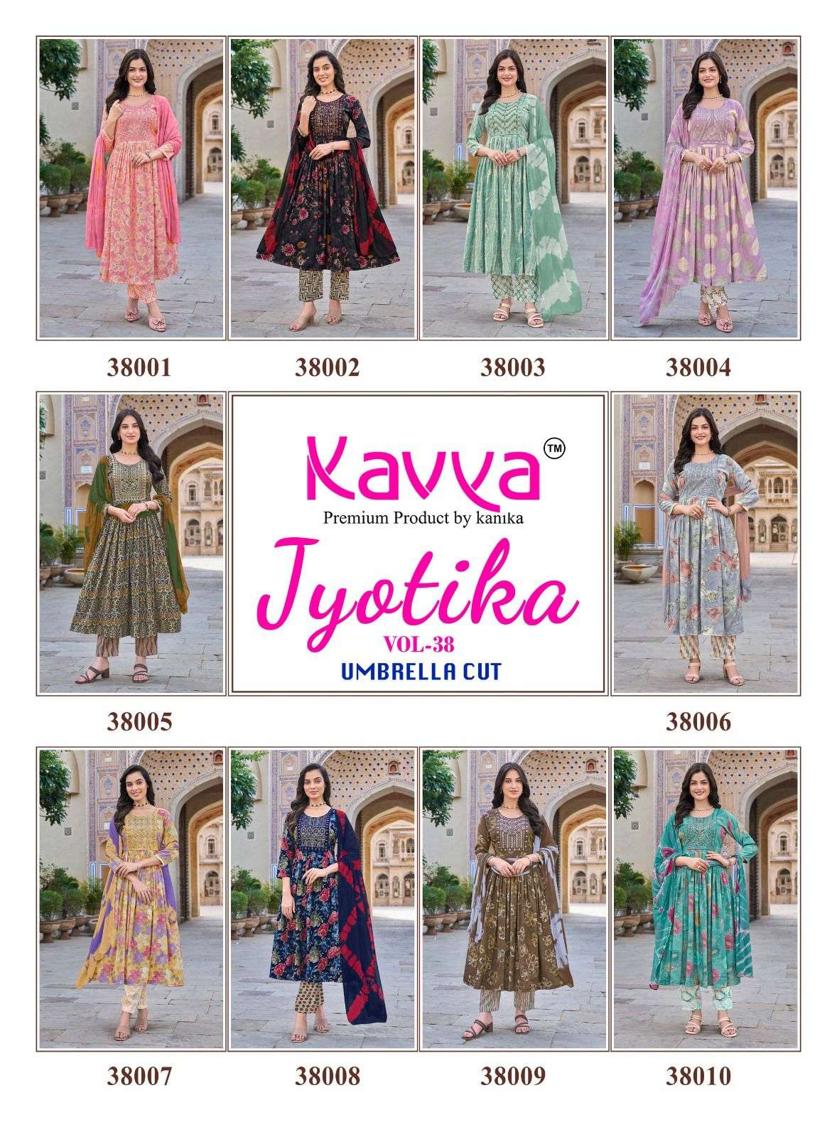 KAVYA JYOTIKA VOL 38 CAPSULE FOIL PRINT UMBRELLA CUT STYLE KURTI BOTTOM AND DUPATTA SET 