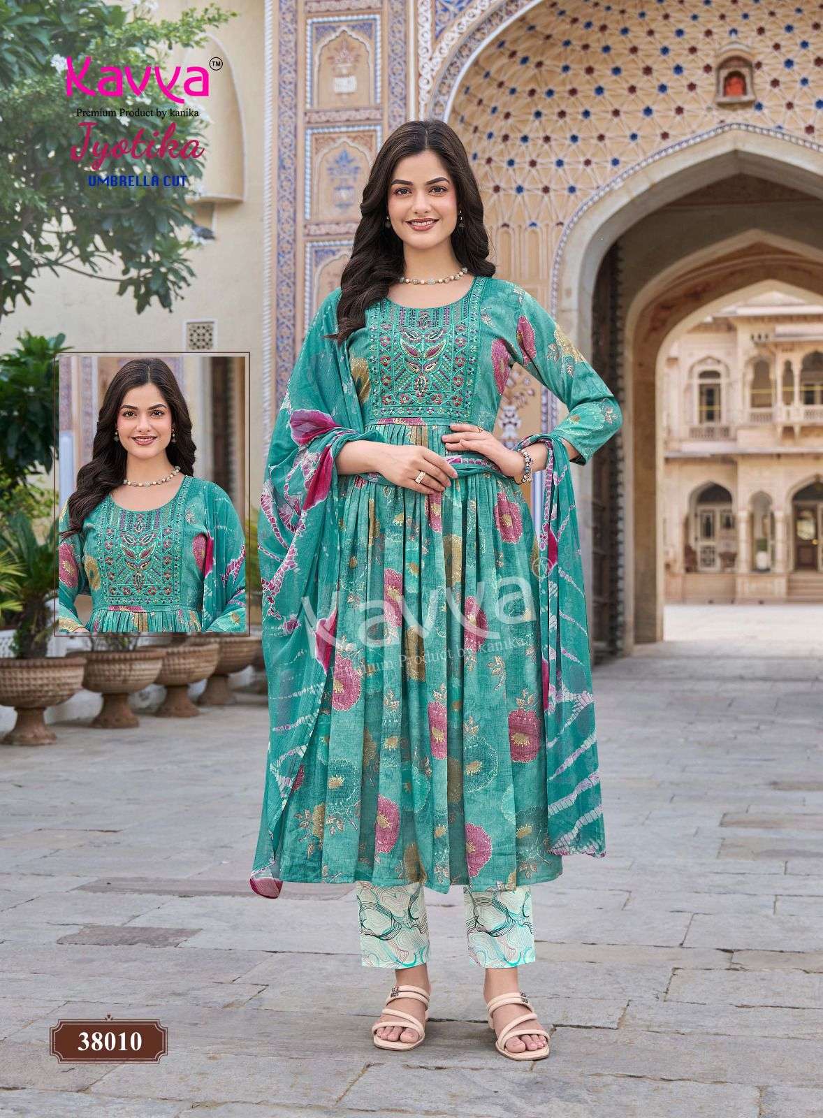 KAVYA JYOTIKA VOL 38 CAPSULE FOIL PRINT UMBRELLA CUT STYLE KURTI BOTTOM AND DUPATTA SET 