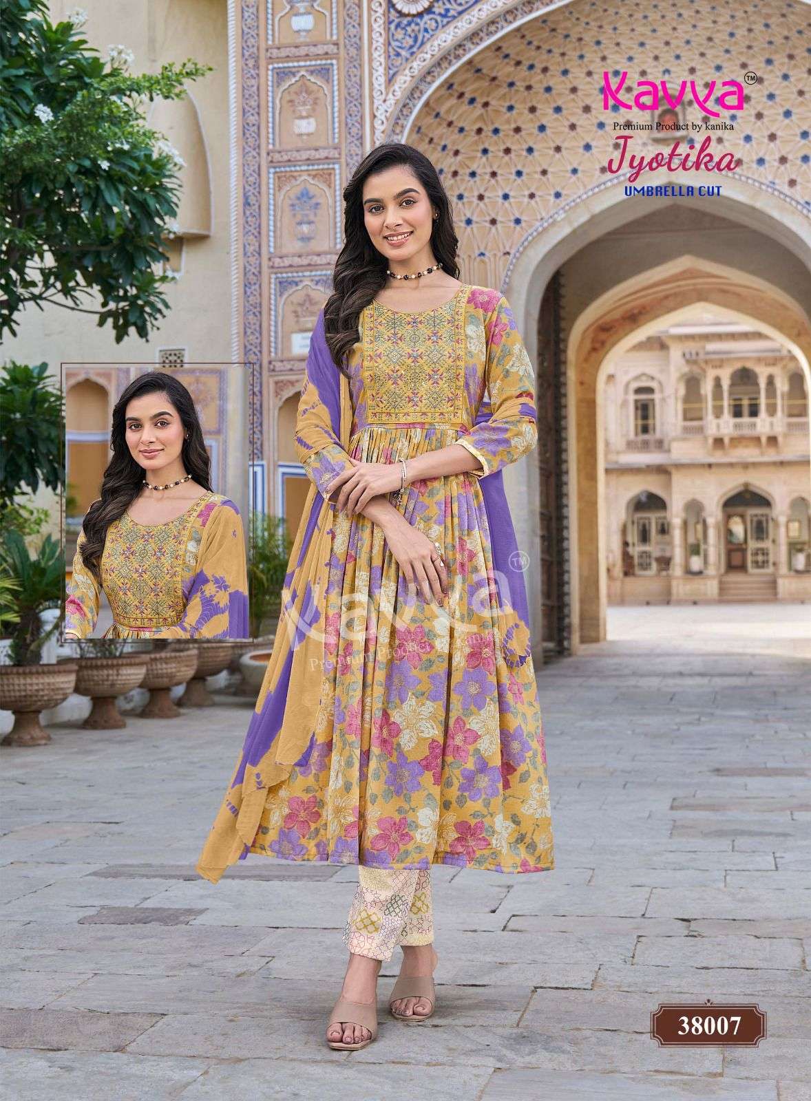 KAVYA JYOTIKA VOL 38 CAPSULE FOIL PRINT UMBRELLA CUT STYLE KURTI BOTTOM AND DUPATTA SET 