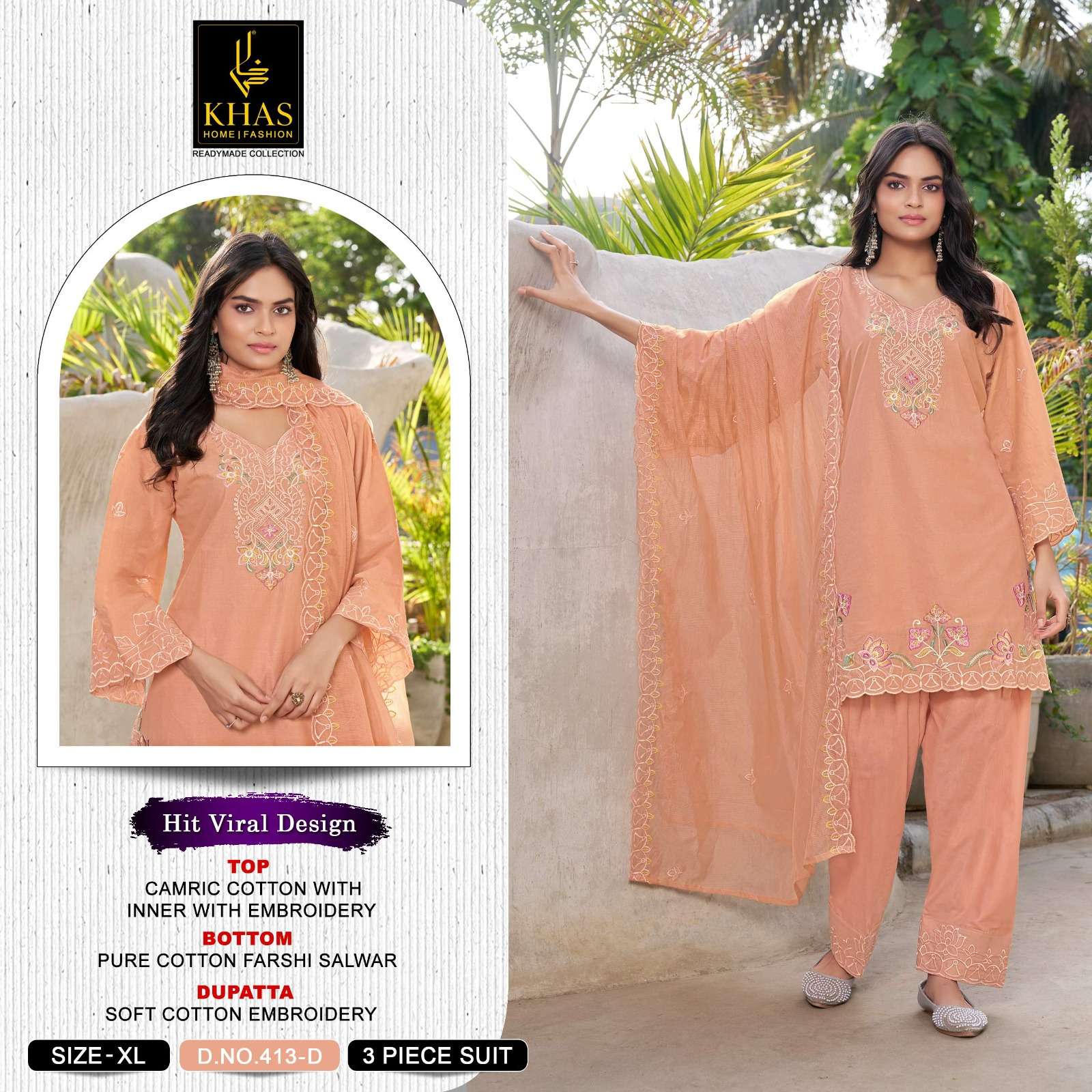 KHAS FASHION D NO 413 COTTON DESIGNER WORK READY MADE SUIT