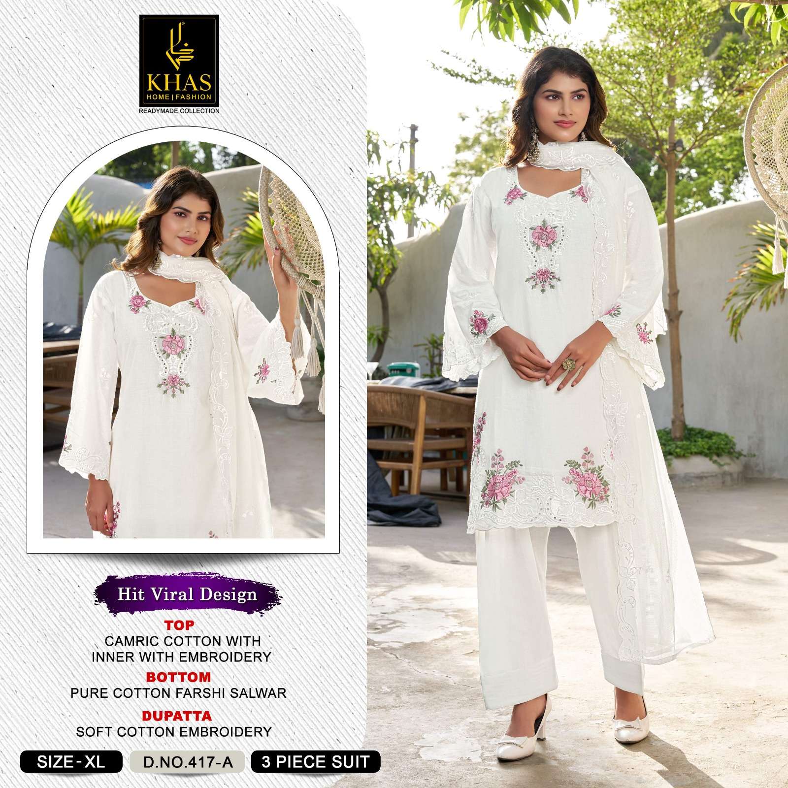 KHAS FASHION D NO 417 COTTON EMBROIDERY DESIGNER WORK READY MADE SUIT
