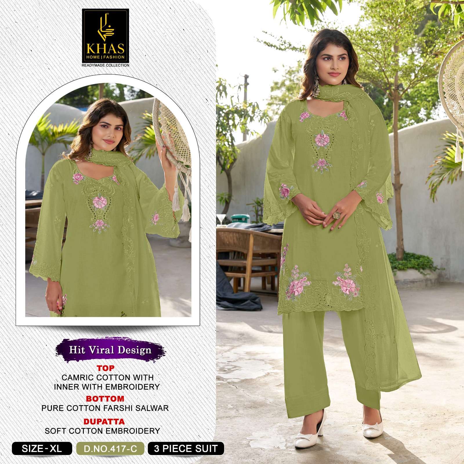 KHAS FASHION D NO 417 COTTON EMBROIDERY DESIGNER WORK READY MADE SUIT