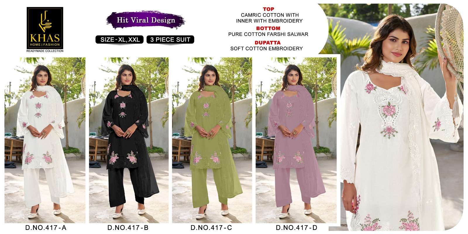 KHAS FASHION D NO 417 COTTON EMBROIDERY DESIGNER WORK READY MADE SUIT