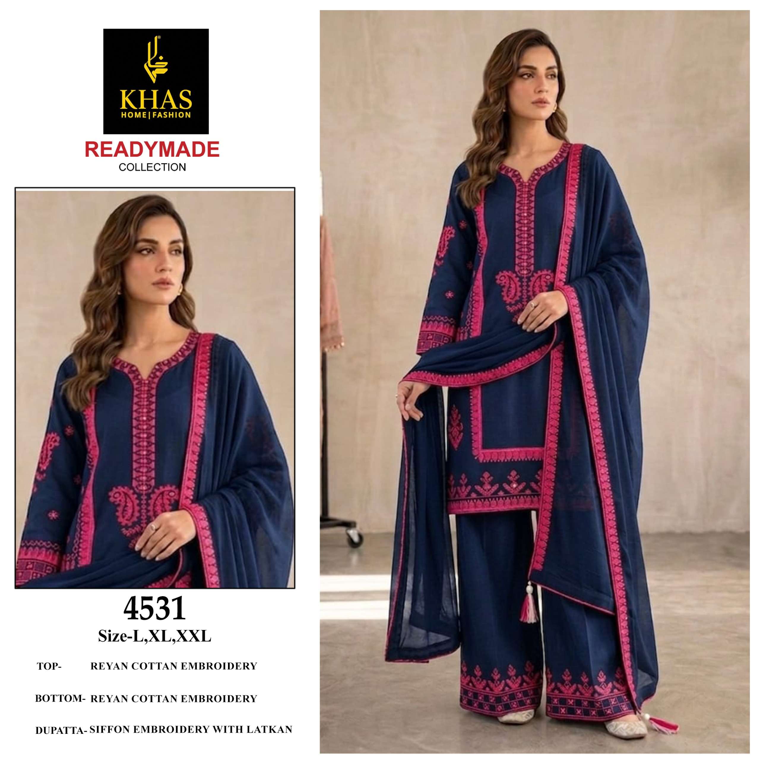 KHAS FASHION D NO 4529 TO 4531 RAYON FANCY EMBROIDERY DESIGNER WORK READY MADE PAKISTANI SUIT