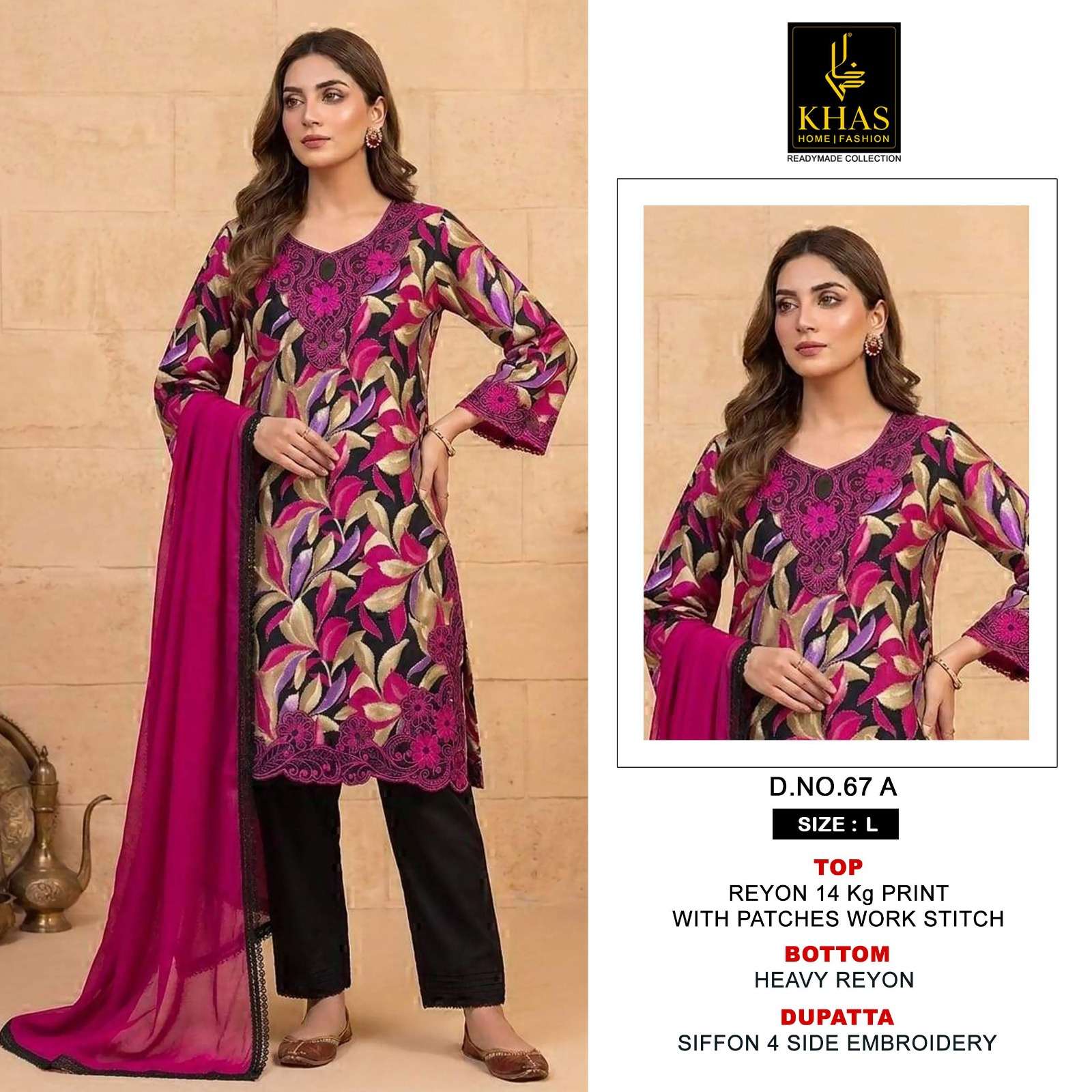 KHAS FASHION D NO 67 RAYON FANCY WORK READY MADE PAKISTANI SUIT
