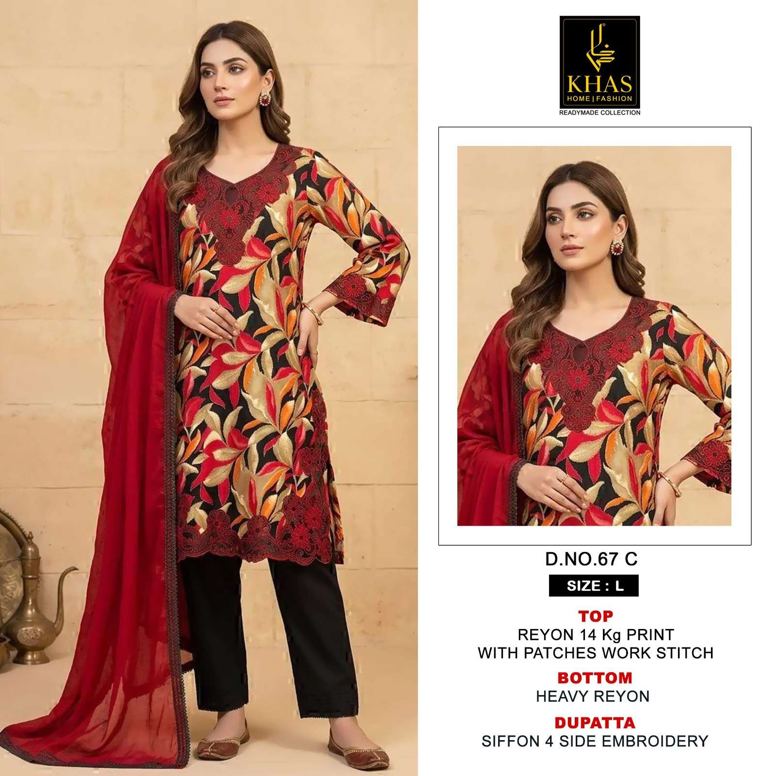 KHAS FASHION D NO 67 RAYON FANCY WORK READY MADE PAKISTANI SUIT