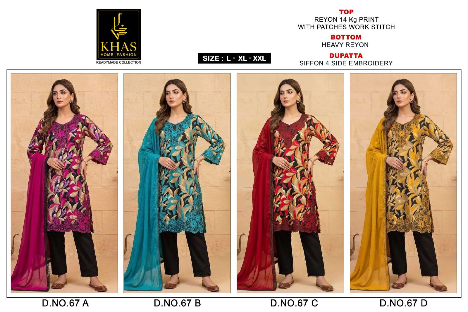 KHAS FASHION D NO 67 RAYON FANCY WORK READY MADE PAKISTANI SUIT