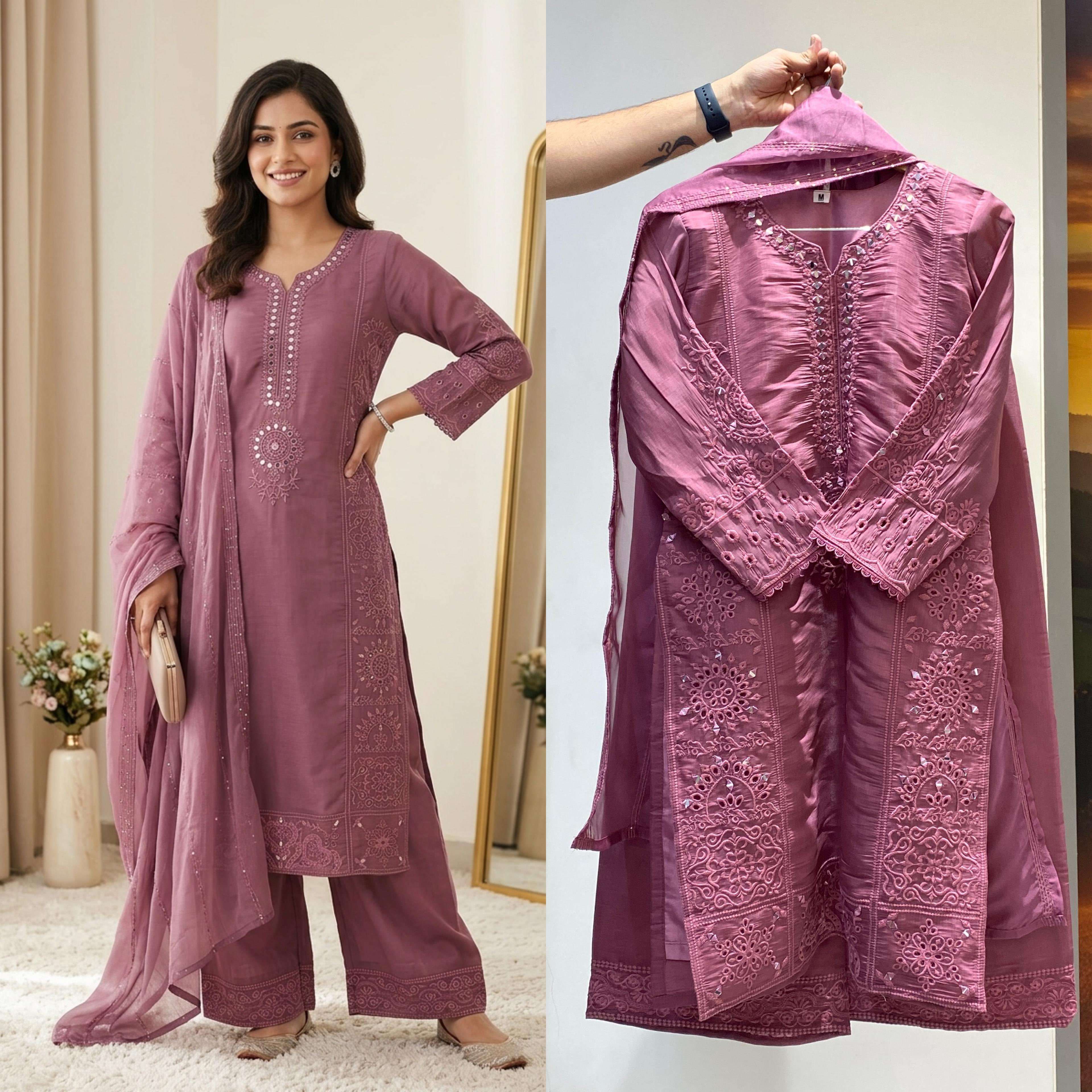 LG 2106 CHANDERI SILK BEAUTIFUL EMBROIDERY DESIGNER WORK READY MADE LADIES SUIT