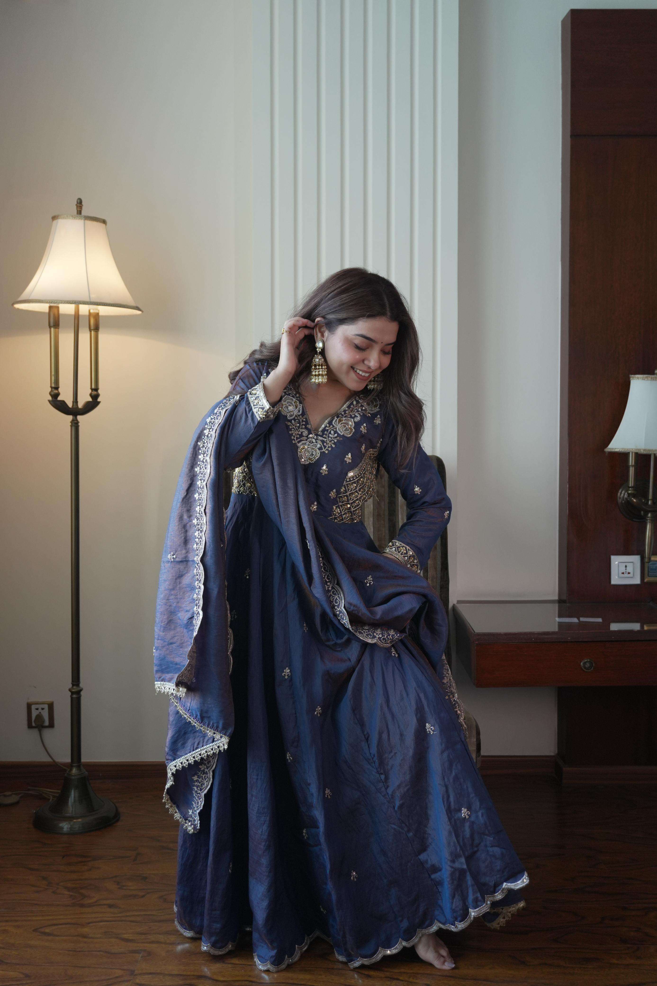LM 19 SILK DESIGNER PARTY WEAR LADIES GOWN PANT WITH DUPATTA COMBO SET 