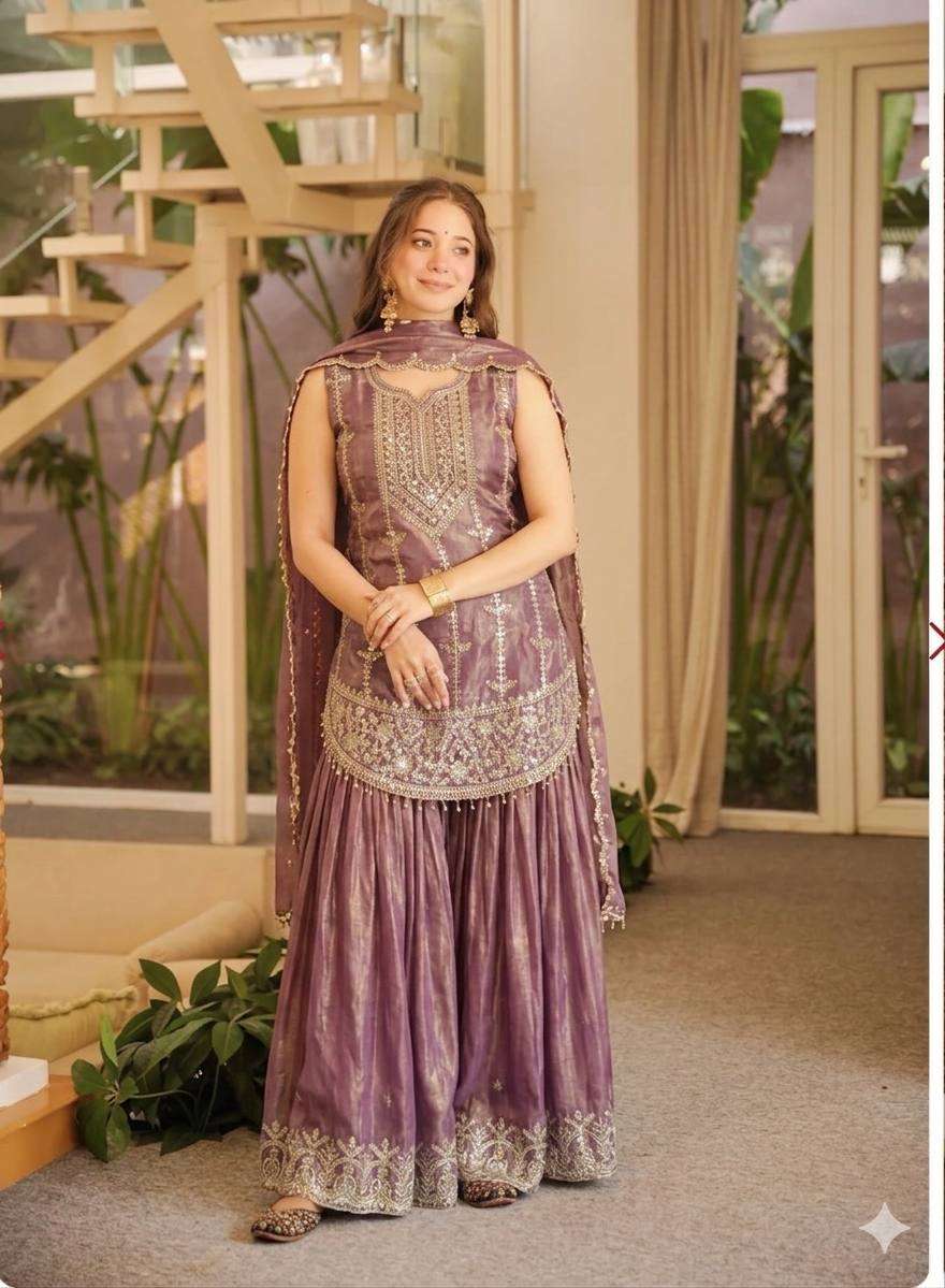 MD 3094 SILK HEAVY EMBROIDERD DESIGNER PARTY WEAR LADIES TOP SHARARA AND DUPATTA SET 