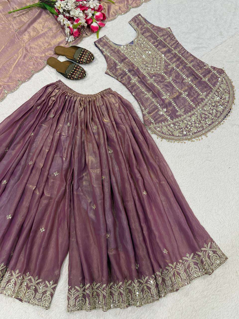 MD 3094 SILK HEAVY EMBROIDERD DESIGNER PARTY WEAR LADIES TOP SHARARA AND DUPATTA SET 