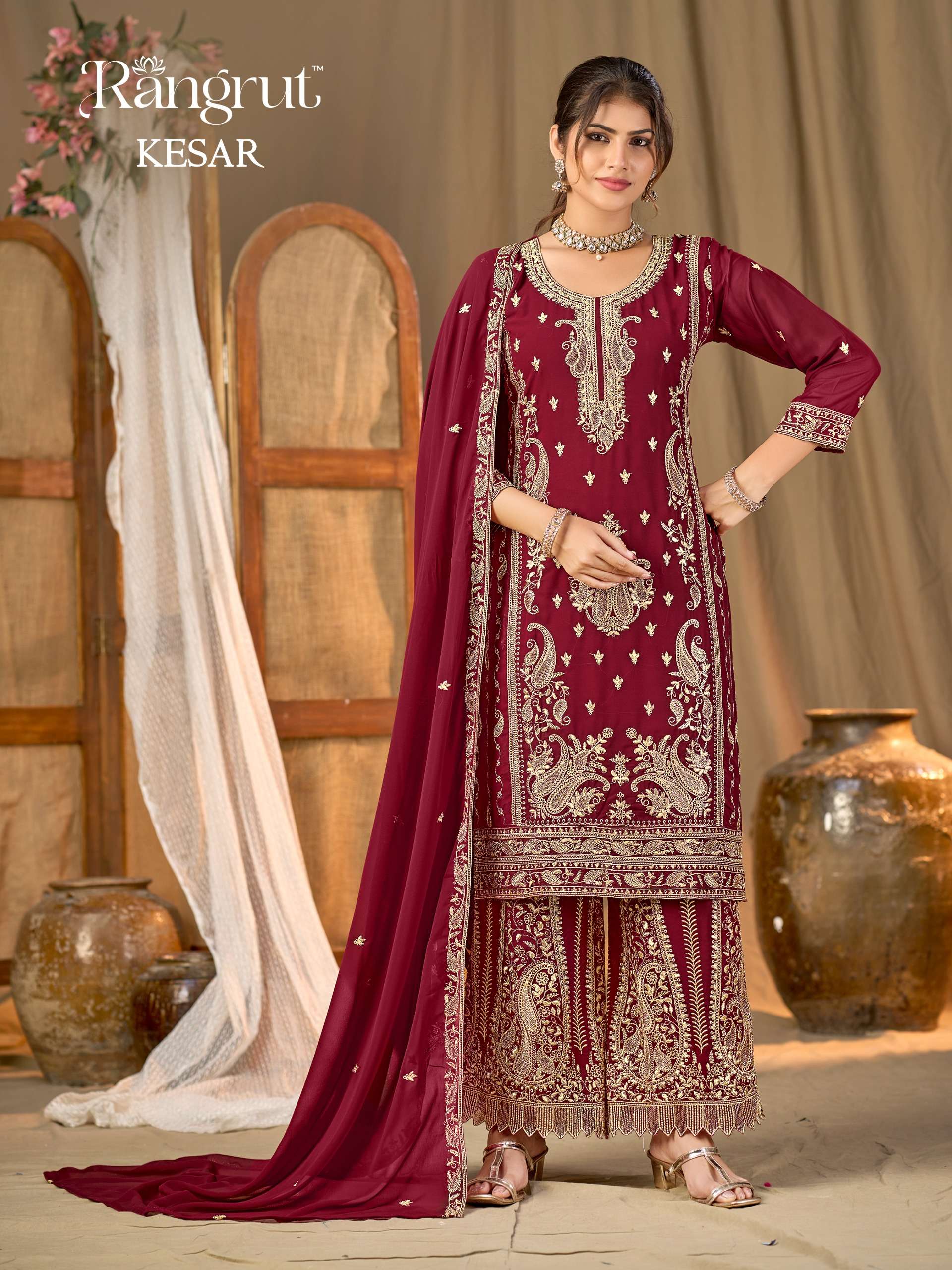 MUKESH  KESAR GEORGETTE HEAVY EMBROIDERED DESIGNER READY MADE SUIT