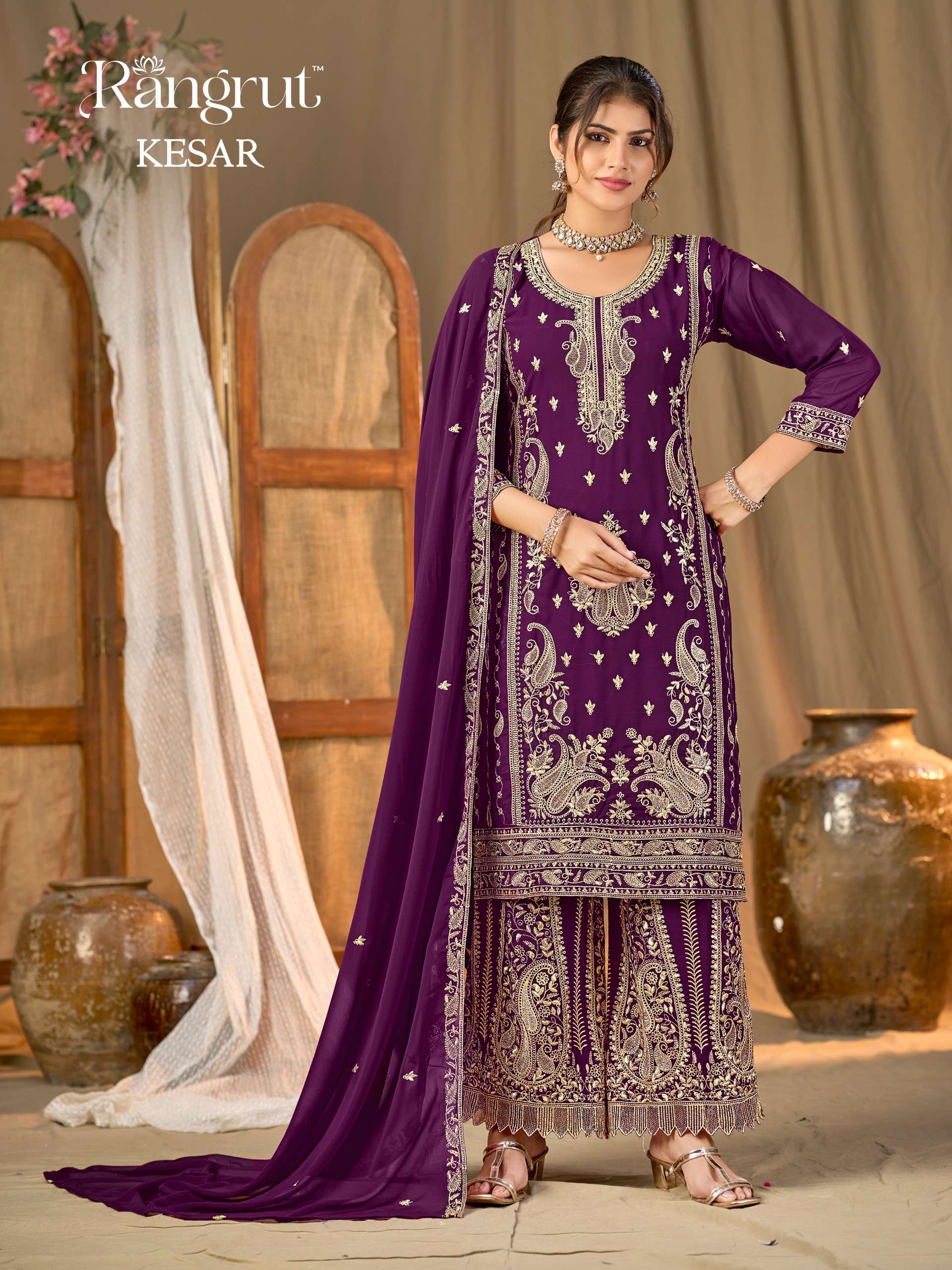 MUKESH  KESAR GEORGETTE HEAVY EMBROIDERED DESIGNER READY MADE SUIT