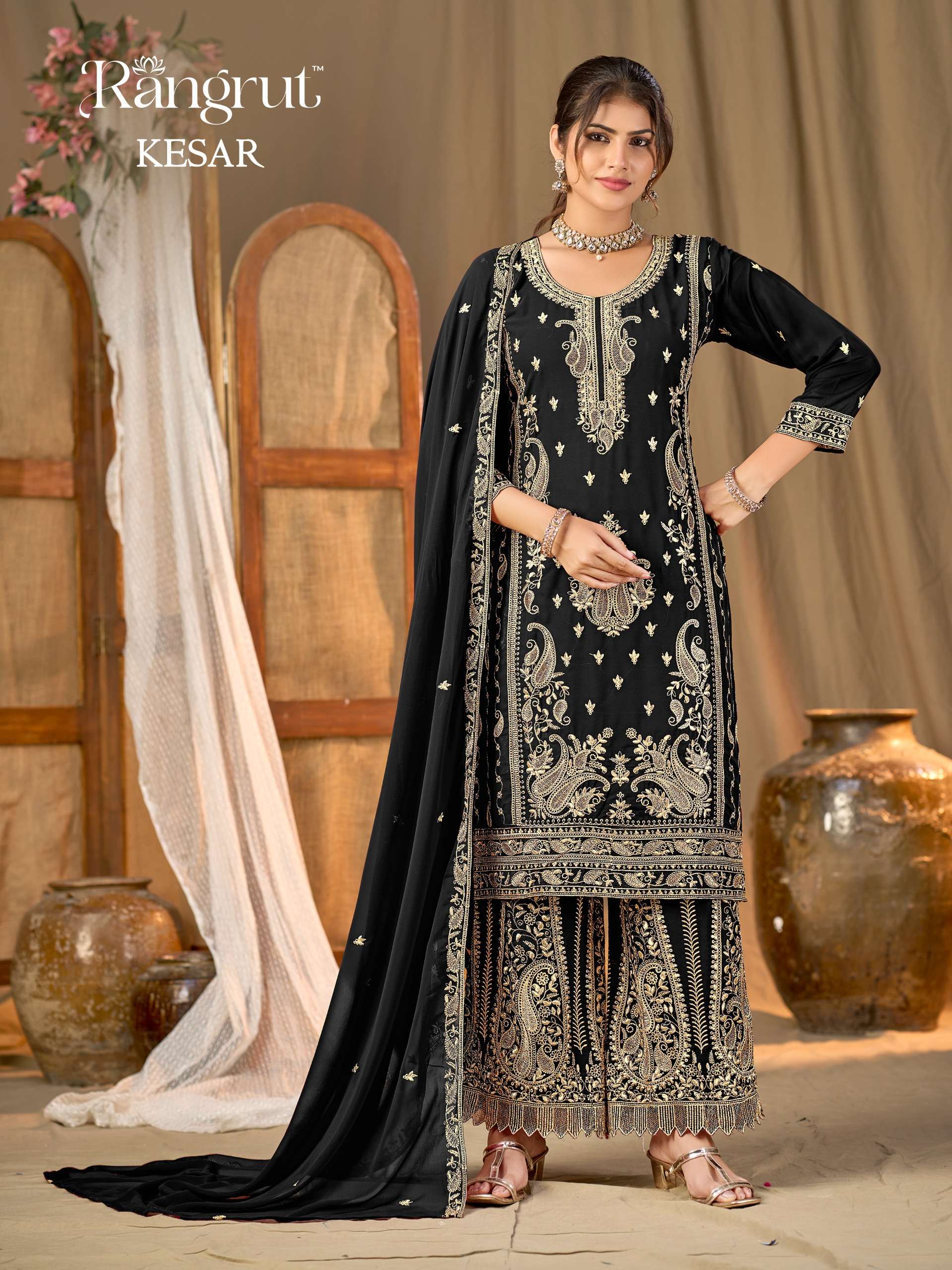 MUKESH  KESAR GEORGETTE HEAVY EMBROIDERED DESIGNER READY MADE SUIT