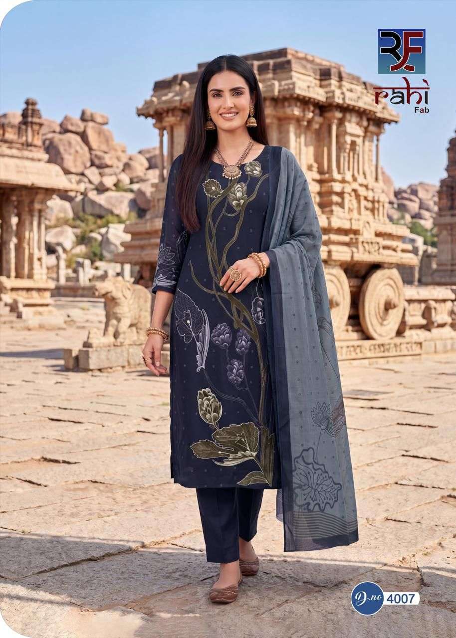 RAHI FAB RISING SILVER VOL 4 COTTON FANCY PRINTED WITH WORK SUIT