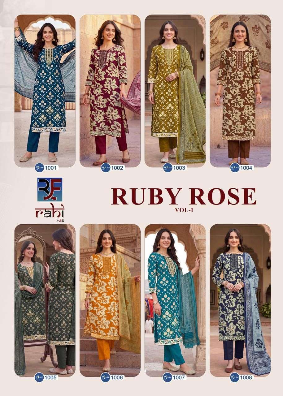 RAHI FAB RUBY ROSE VOL 1 COTTON PRINTED WITH FANCY WORK SUIT