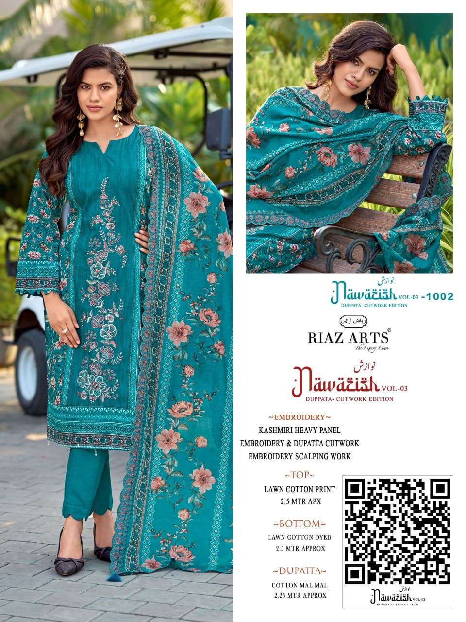 RIAZ ARTS NAWAZISH VOL 3 LAWN COTTON PRINT WITH EMBROIDERY WORK SUIT