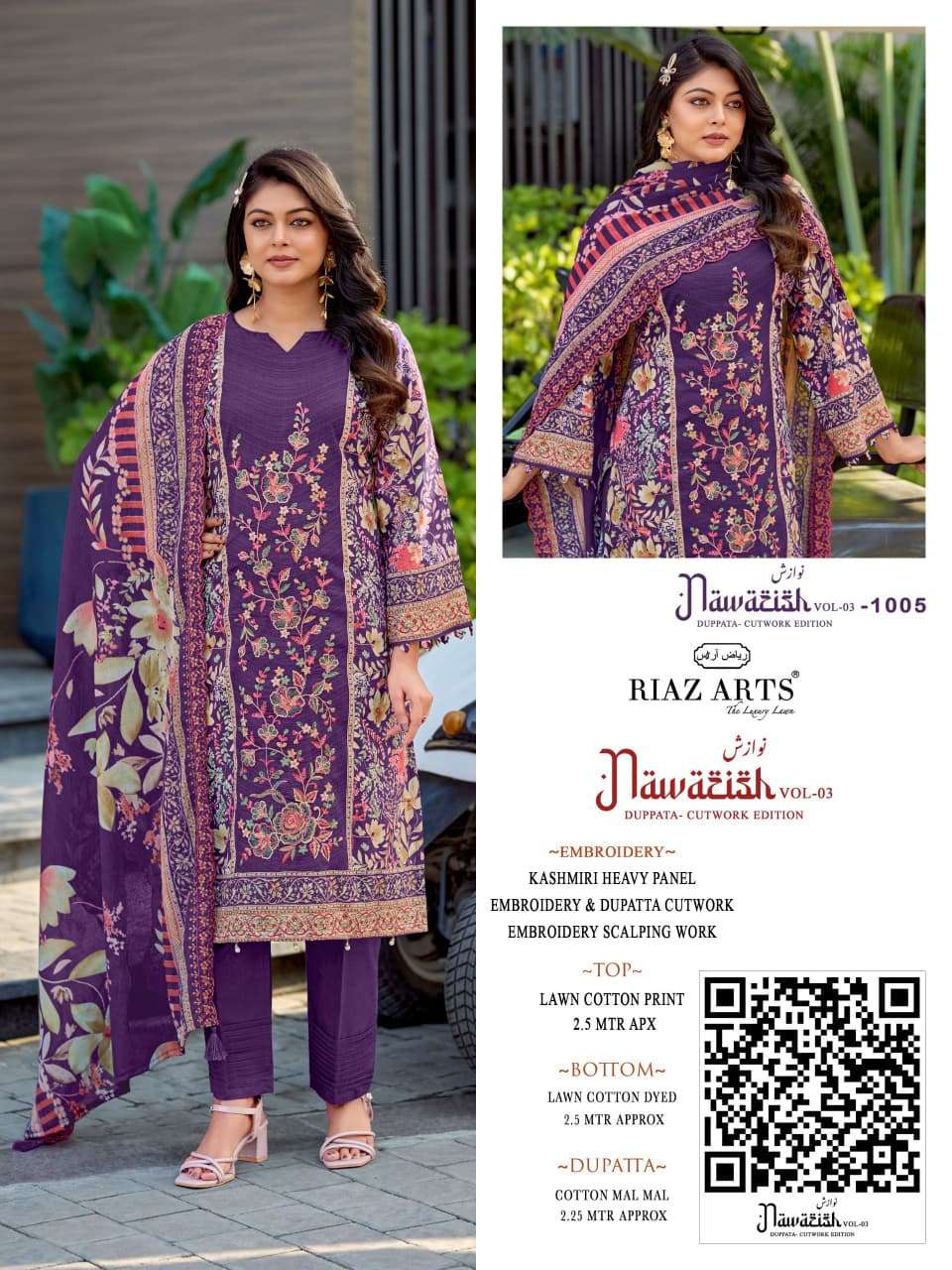 RIAZ ARTS NAWAZISH VOL 3 LAWN COTTON PRINT WITH EMBROIDERY WORK SUIT