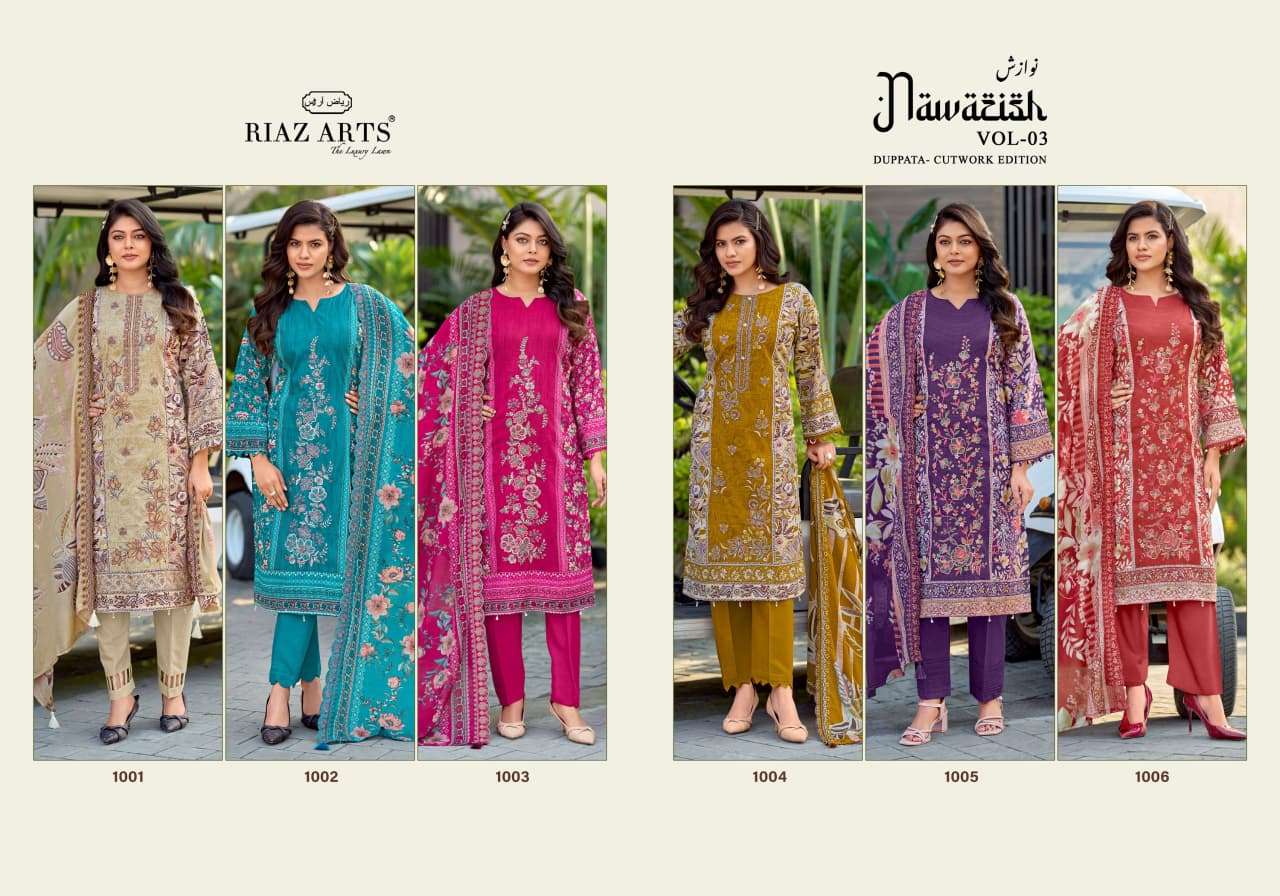 RIAZ ARTS NAWAZISH VOL 3 LAWN COTTON PRINT WITH EMBROIDERY WORK SUIT