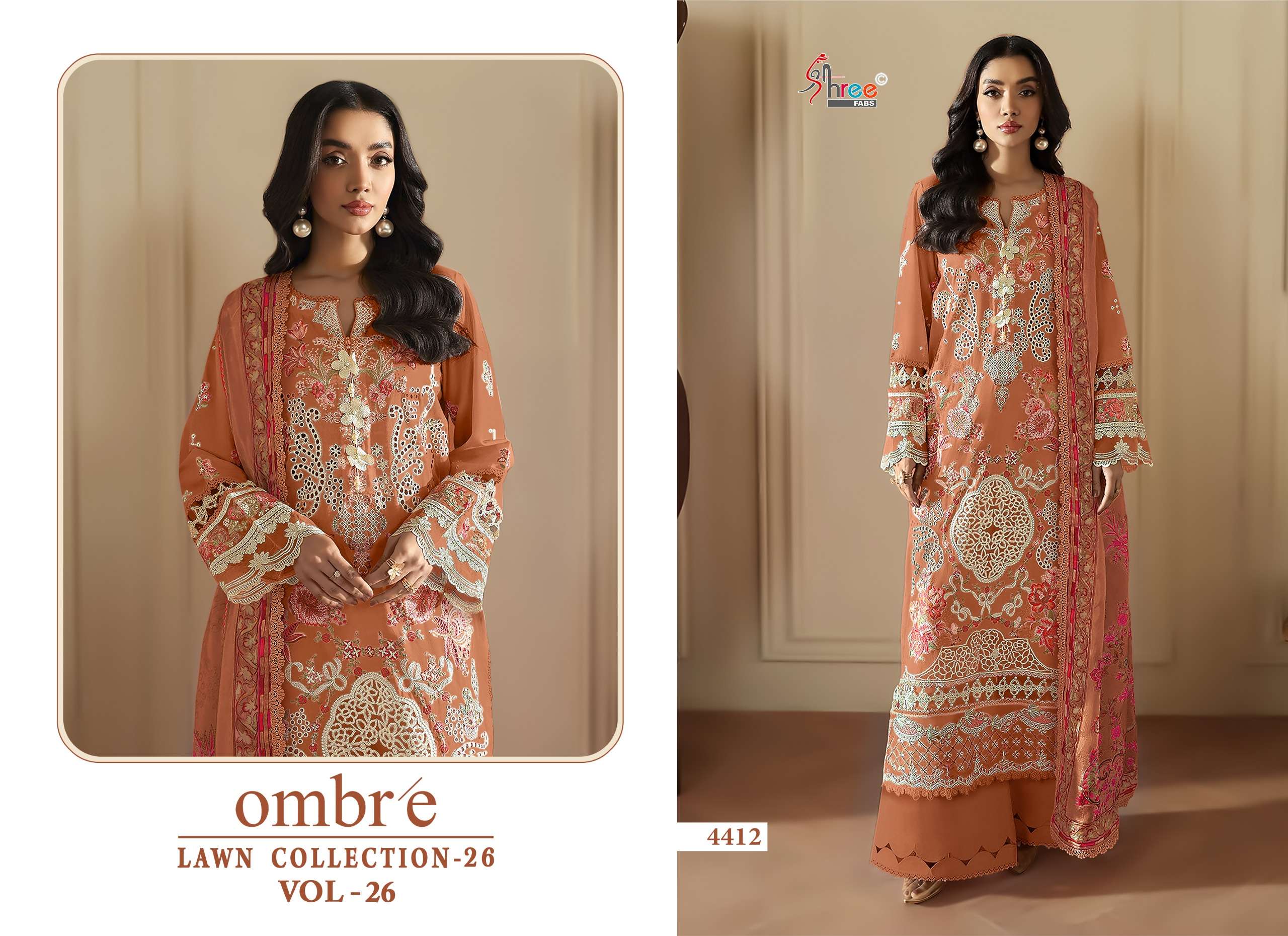 SHREE FABS OMBRE LAWN COLLECTION 26 VOL 26 COTTON HEAVY EMBROIDERY DESIGNER WORK SUIT