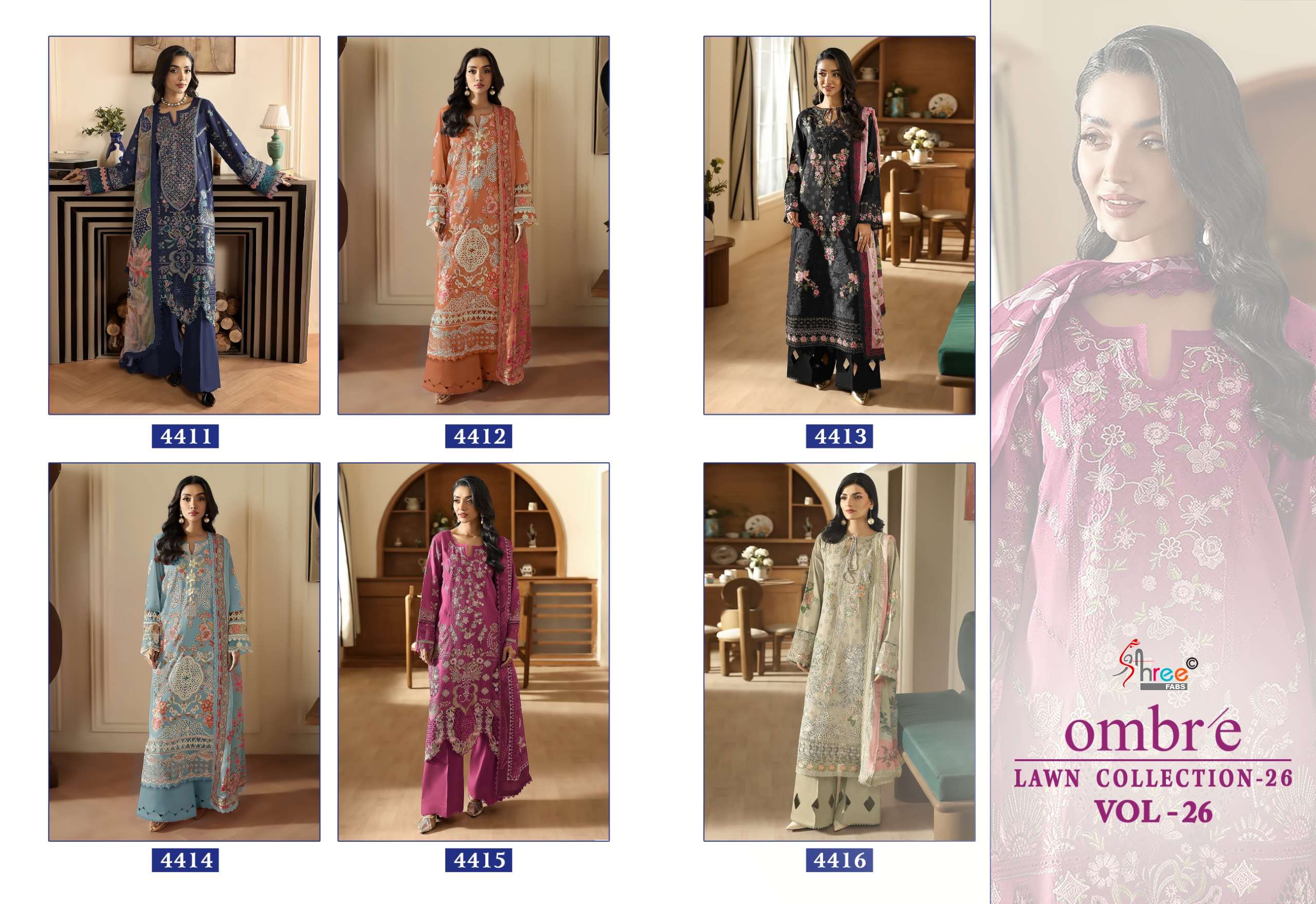 SHREE FABS OMBRE LAWN COLLECTION 26 VOL 26 COTTON HEAVY EMBROIDERY DESIGNER WORK SUIT