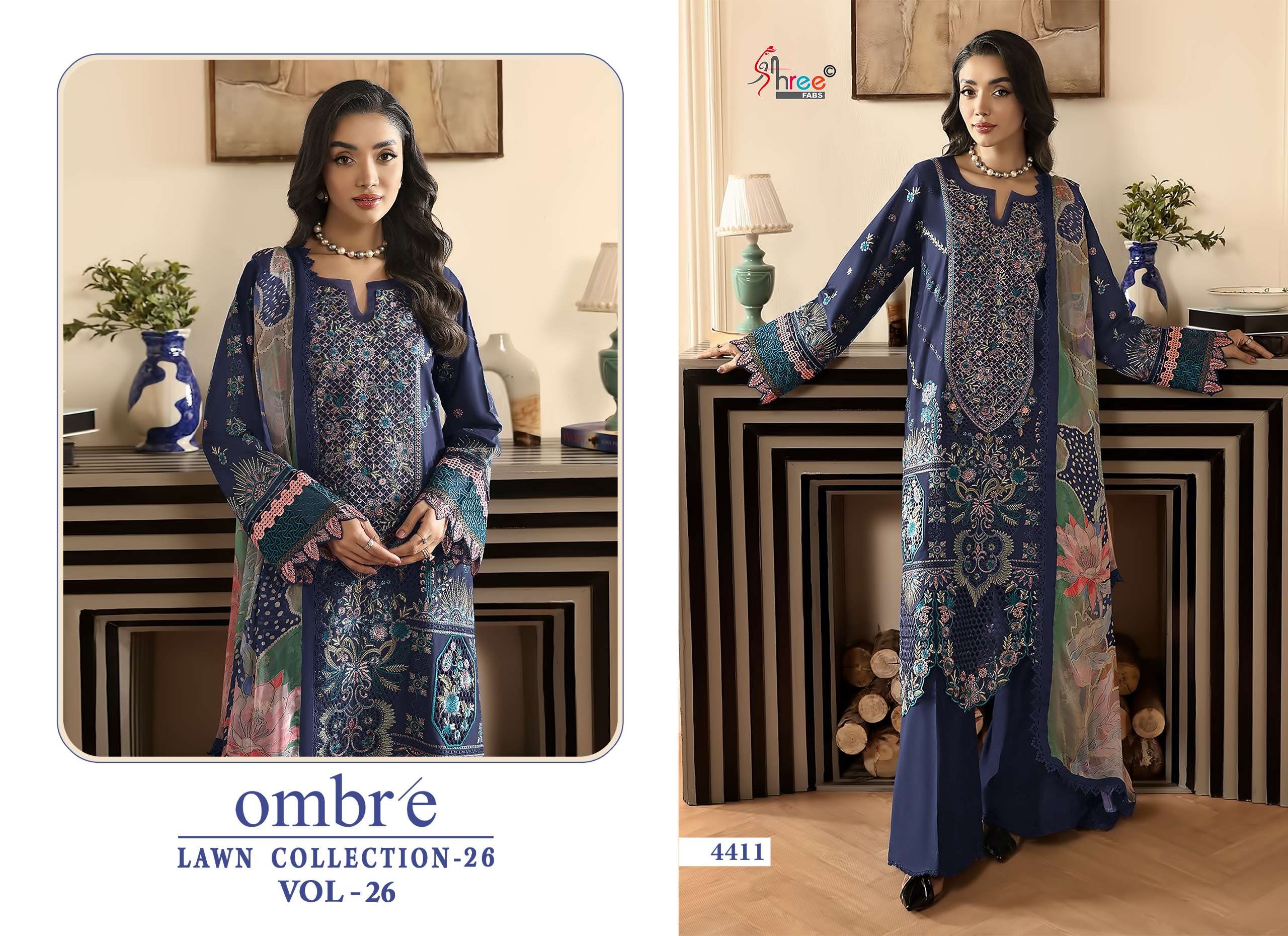 SHREE FABS OMBRE LAWN COLLECTION 26 VOL 26 COTTON HEAVY EMBROIDERY DESIGNER WORK SUIT