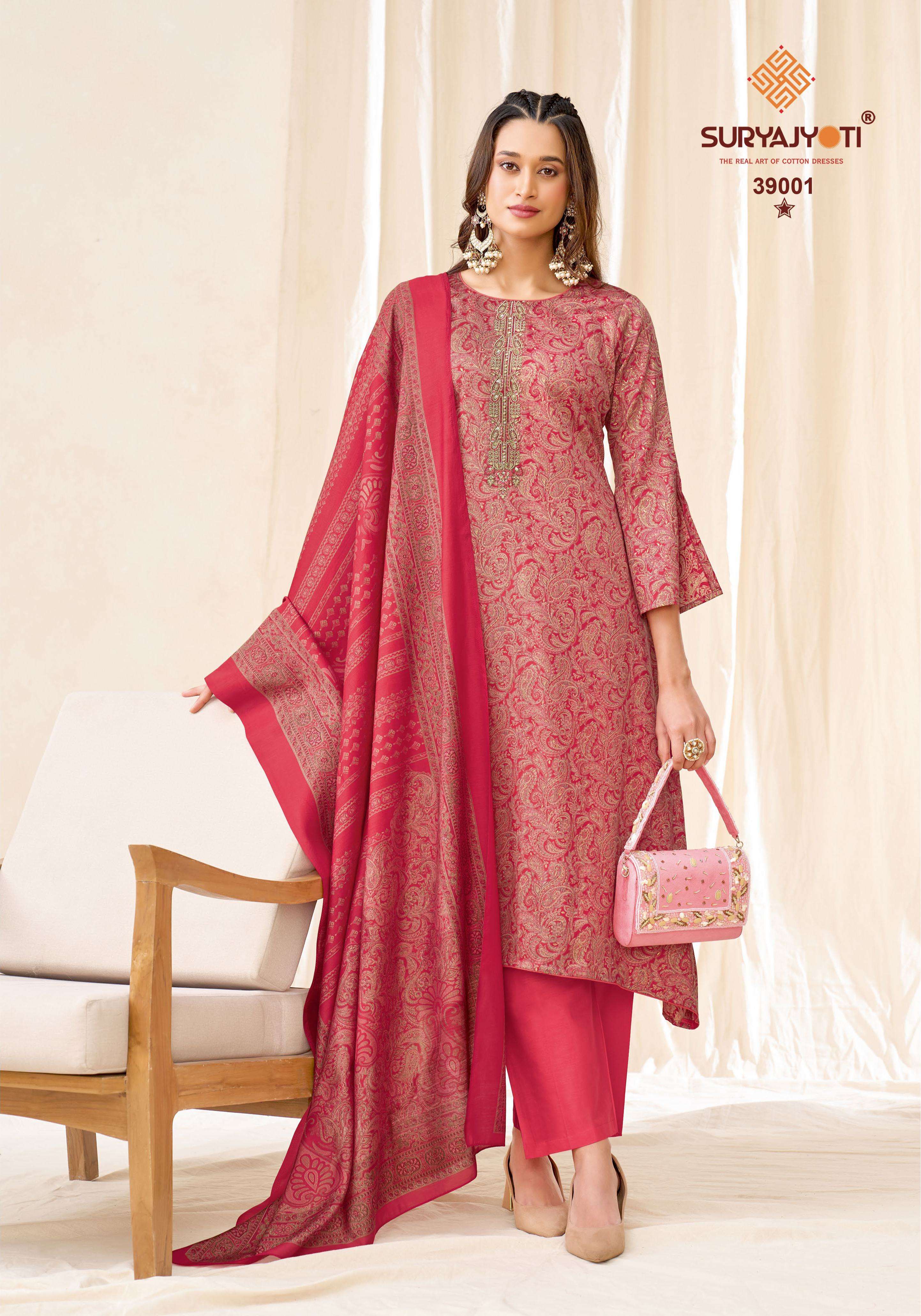 SURYAJYOTI KALKI VOL 39 JAM SATIN PRINT WITH FANCY WORK SUIT