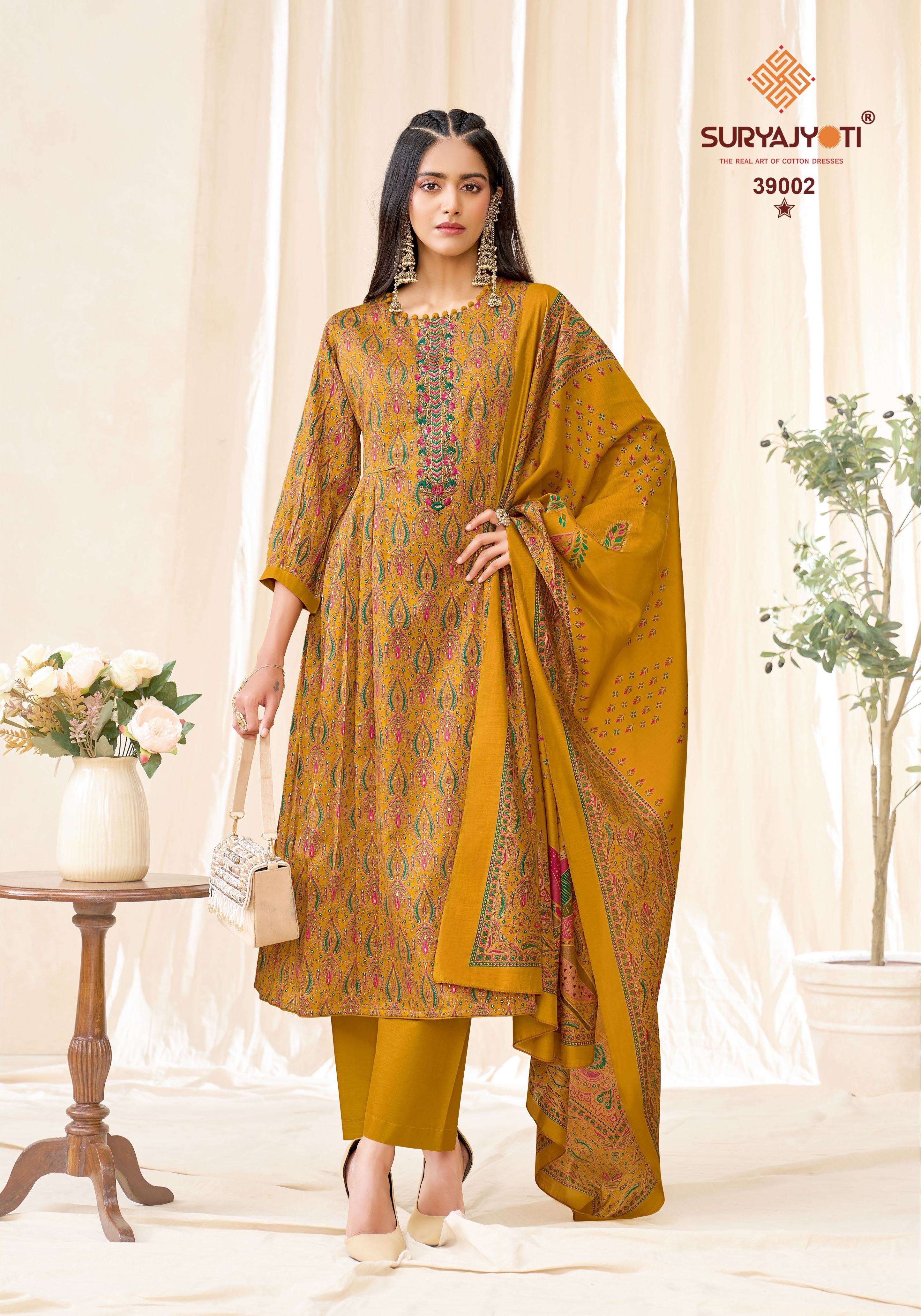 SURYAJYOTI KALKI VOL 39 JAM SATIN PRINT WITH FANCY WORK SUIT