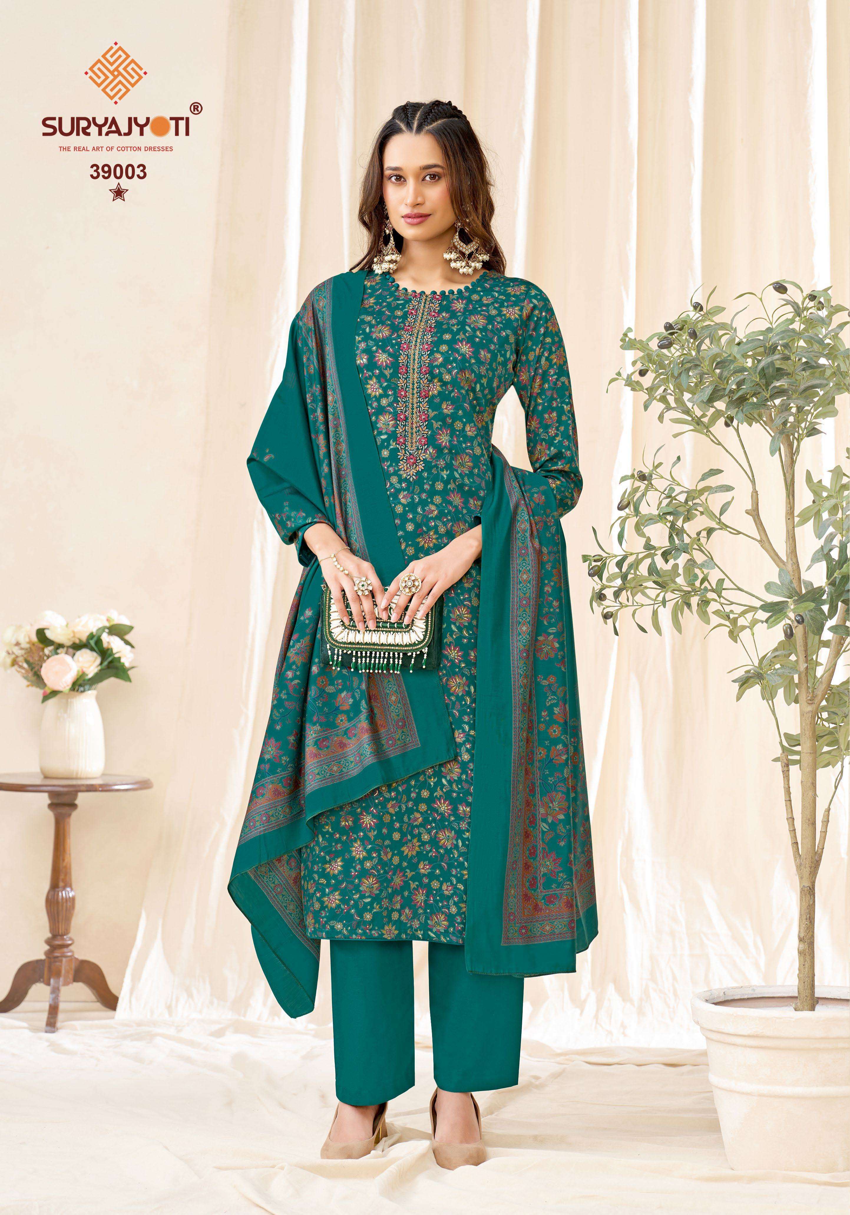 SURYAJYOTI KALKI VOL 39 JAM SATIN PRINT WITH FANCY WORK SUIT