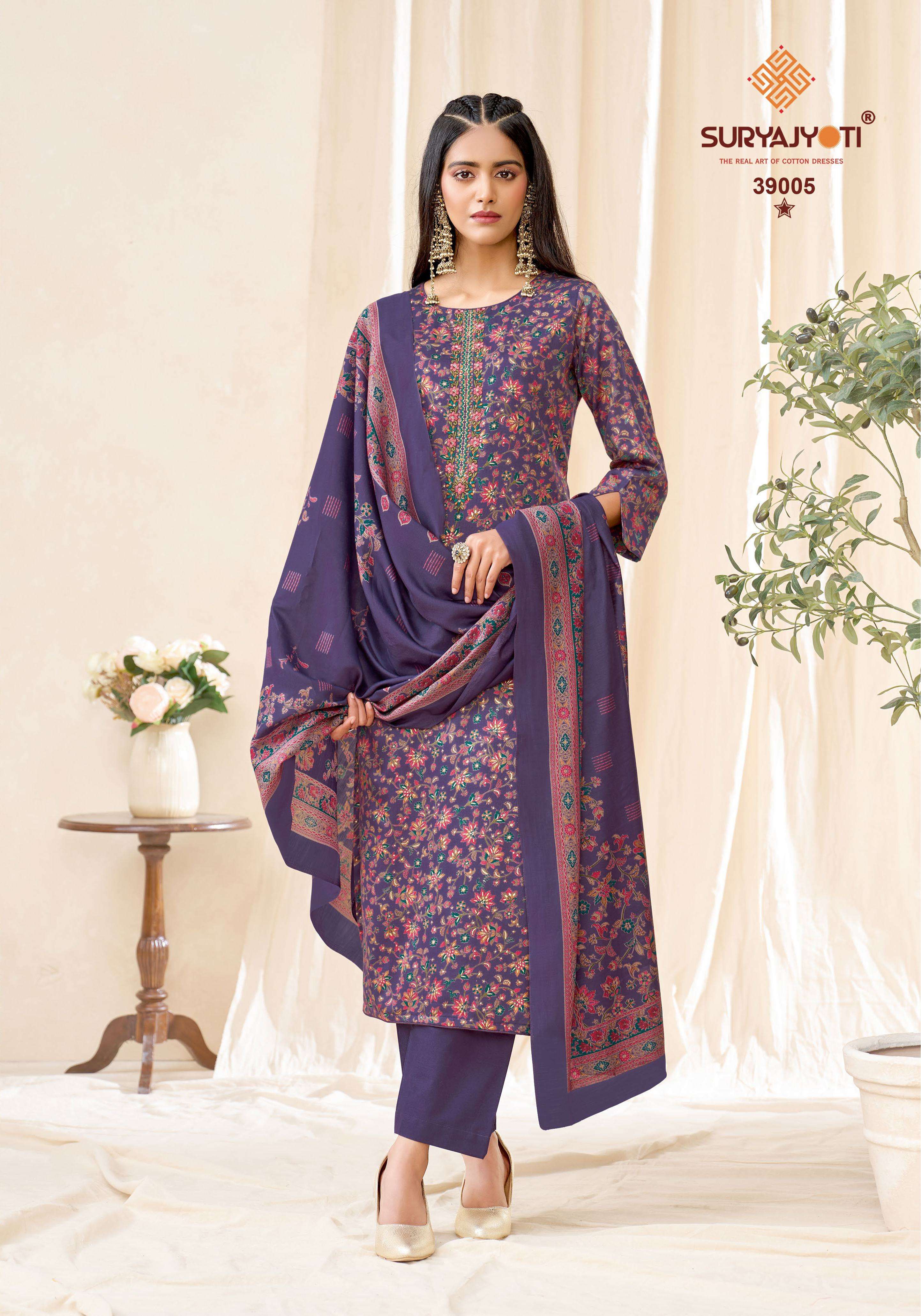 SURYAJYOTI KALKI VOL 39 JAM SATIN PRINT WITH FANCY WORK SUIT