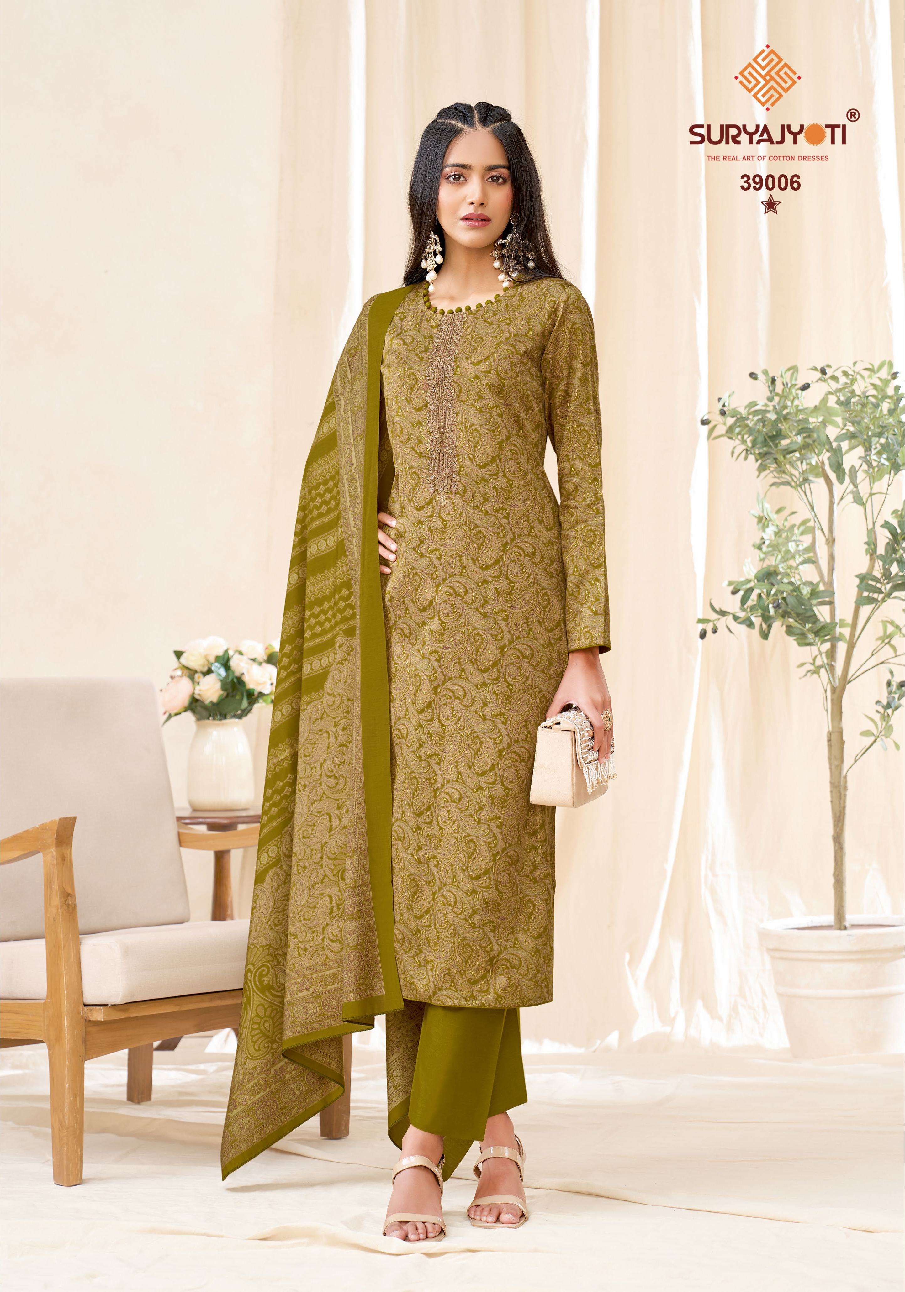 SURYAJYOTI KALKI VOL 39 JAM SATIN PRINT WITH FANCY WORK SUIT