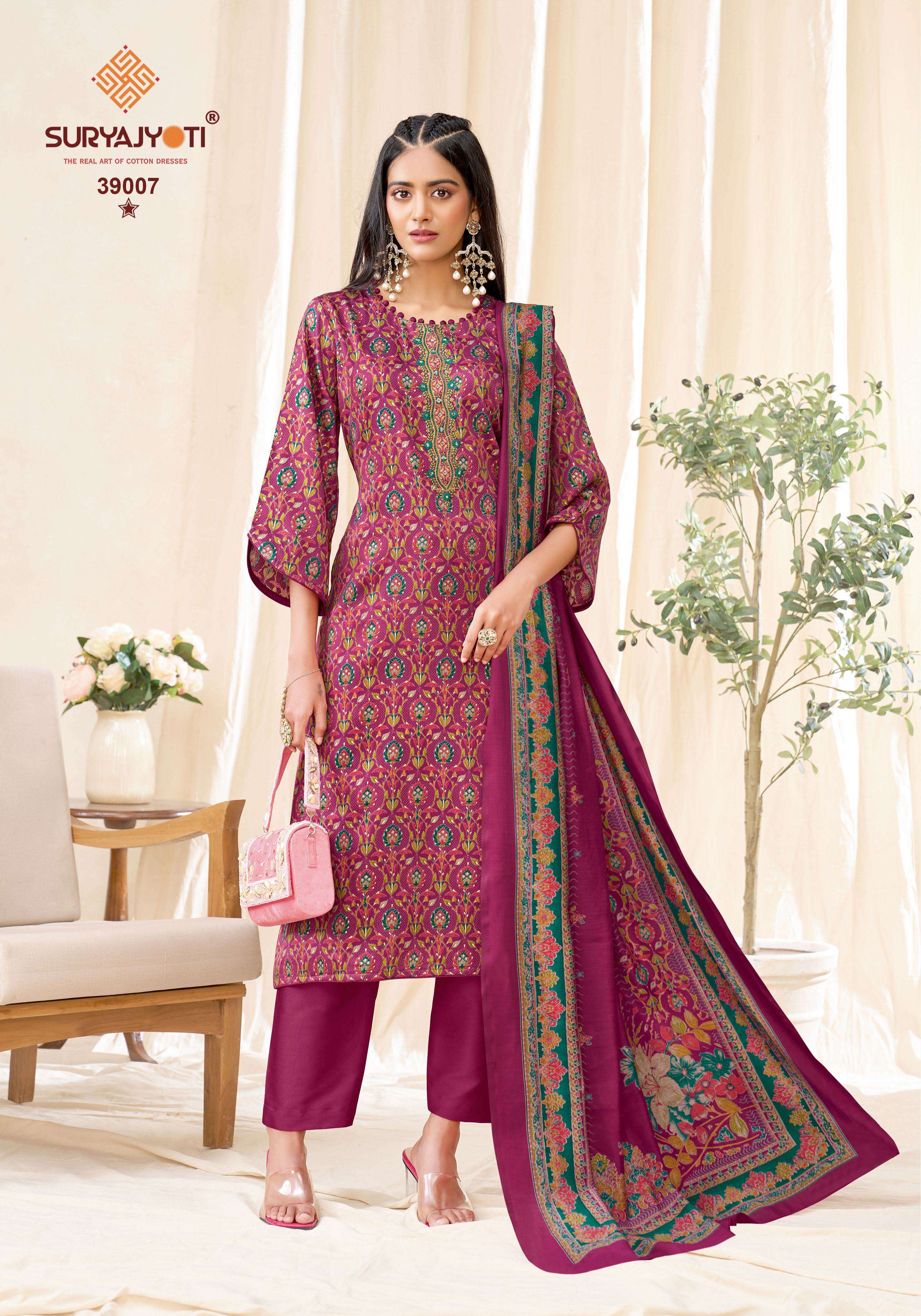 SURYAJYOTI KALKI VOL 39 JAM SATIN PRINT WITH FANCY WORK SUIT