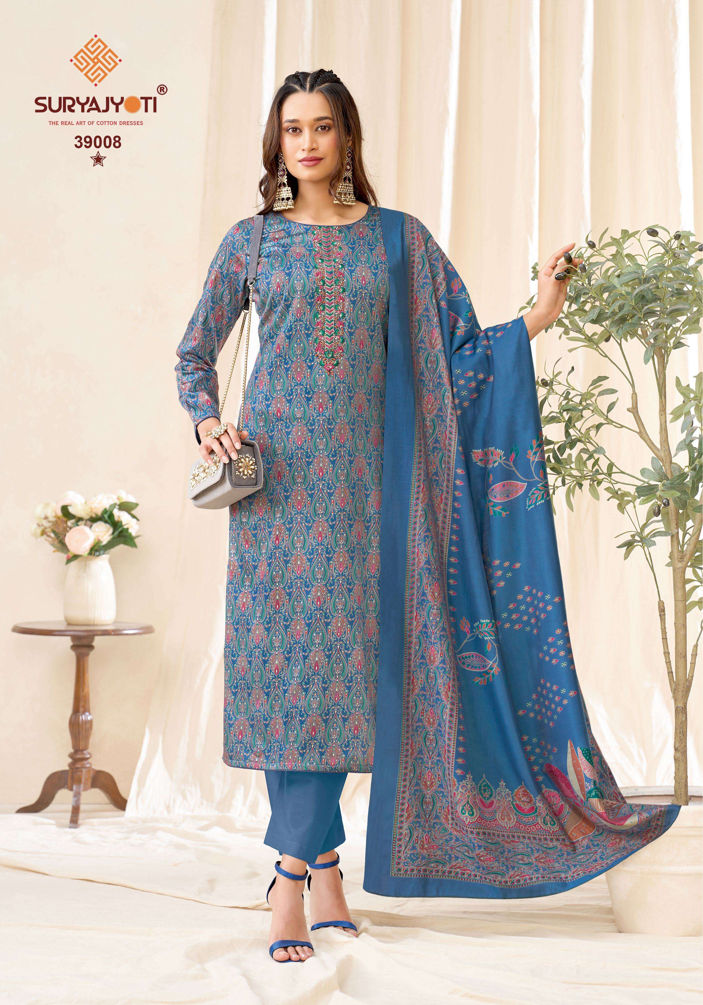 SURYAJYOTI KALKI VOL 39 JAM SATIN PRINT WITH FANCY WORK SUIT