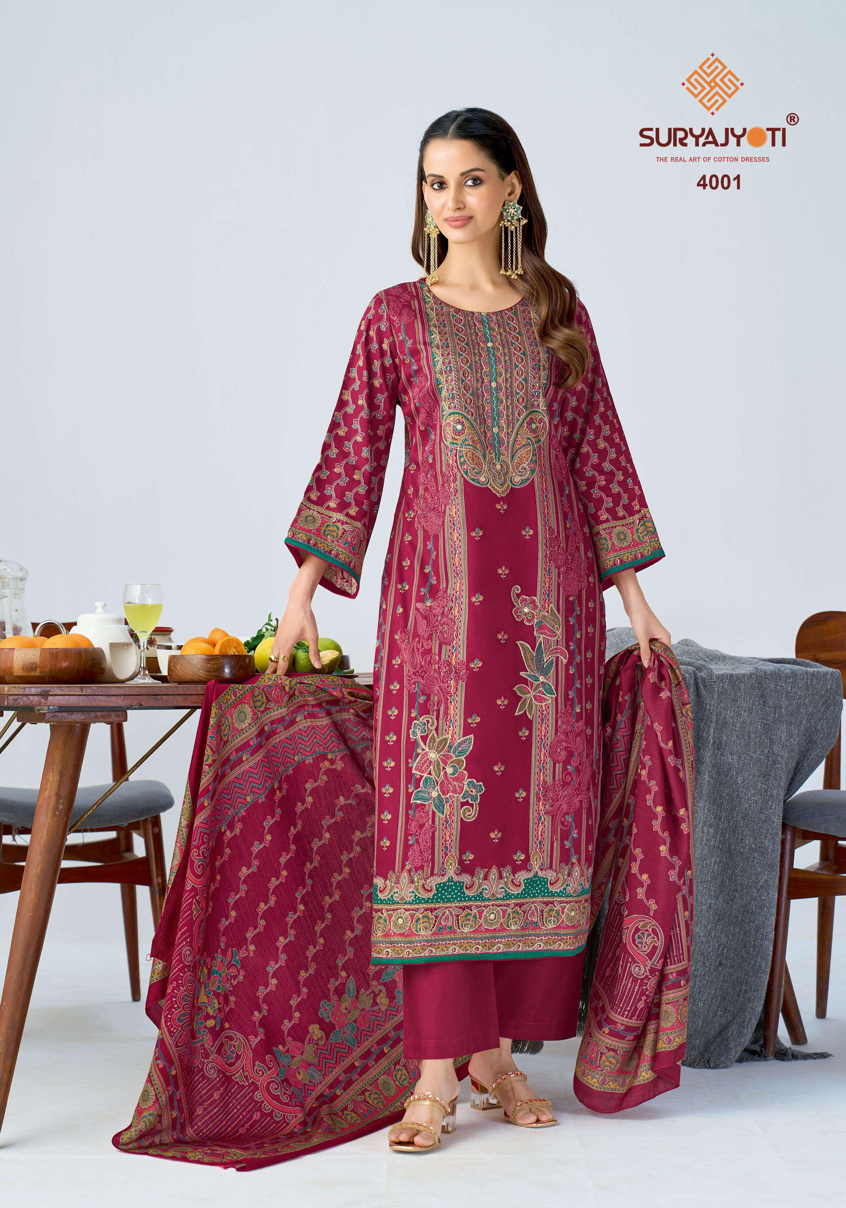 SURYAJYOTI KAMILA VOL 4 JAM SATIN PRINT WITH SWAROVSKI WORK SUIT