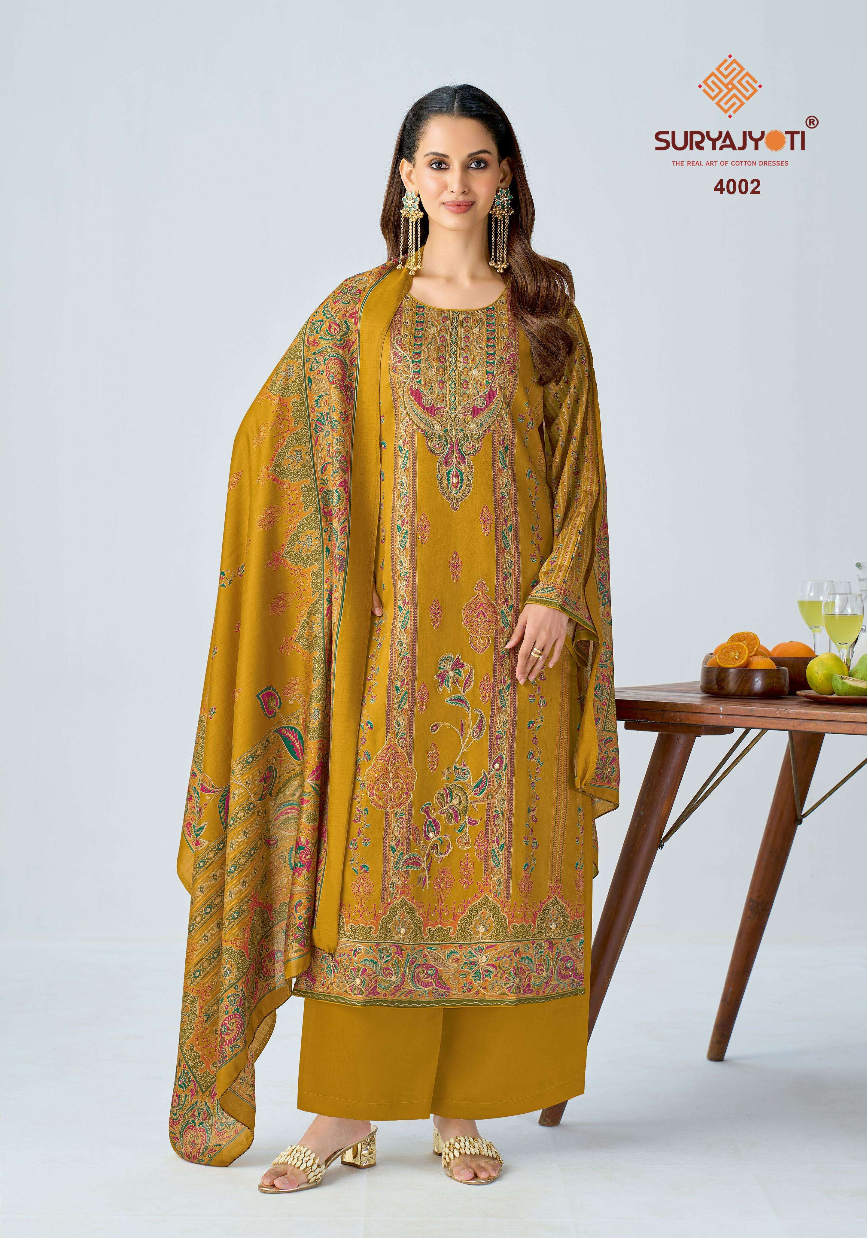 SURYAJYOTI KAMILA VOL 4 JAM SATIN PRINT WITH SWAROVSKI WORK SUIT