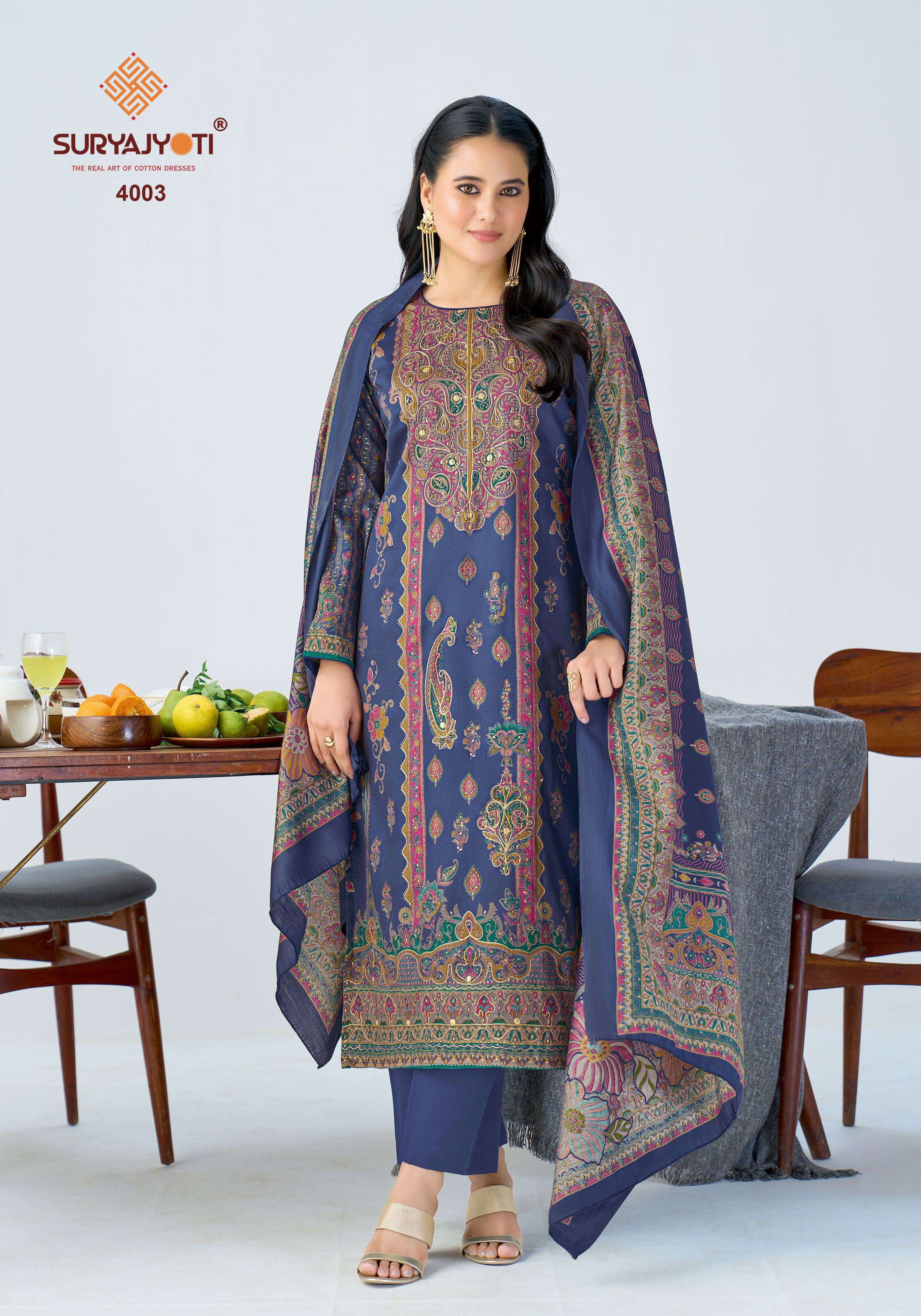 SURYAJYOTI KAMILA VOL 4 JAM SATIN PRINT WITH SWAROVSKI WORK SUIT