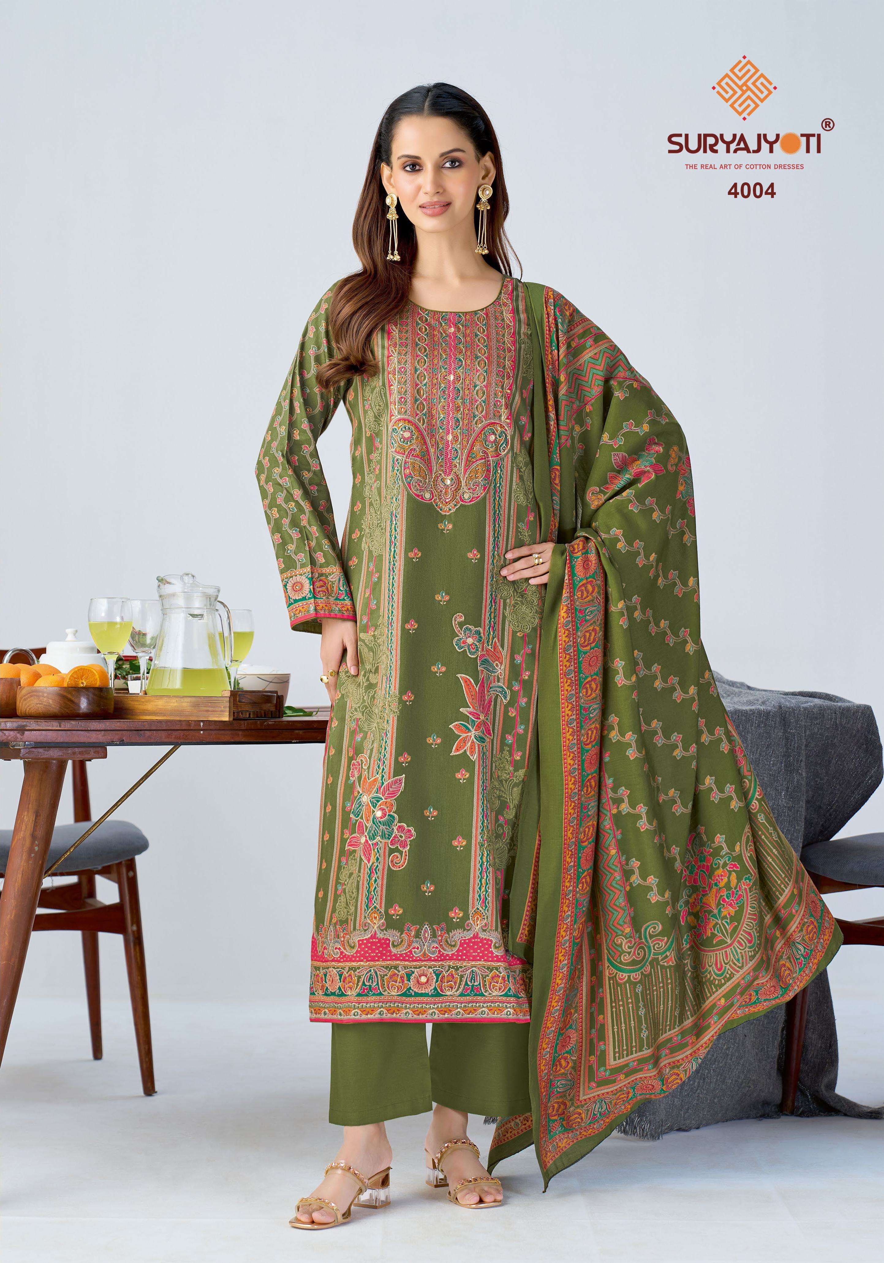 SURYAJYOTI KAMILA VOL 4 JAM SATIN PRINT WITH SWAROVSKI WORK SUIT