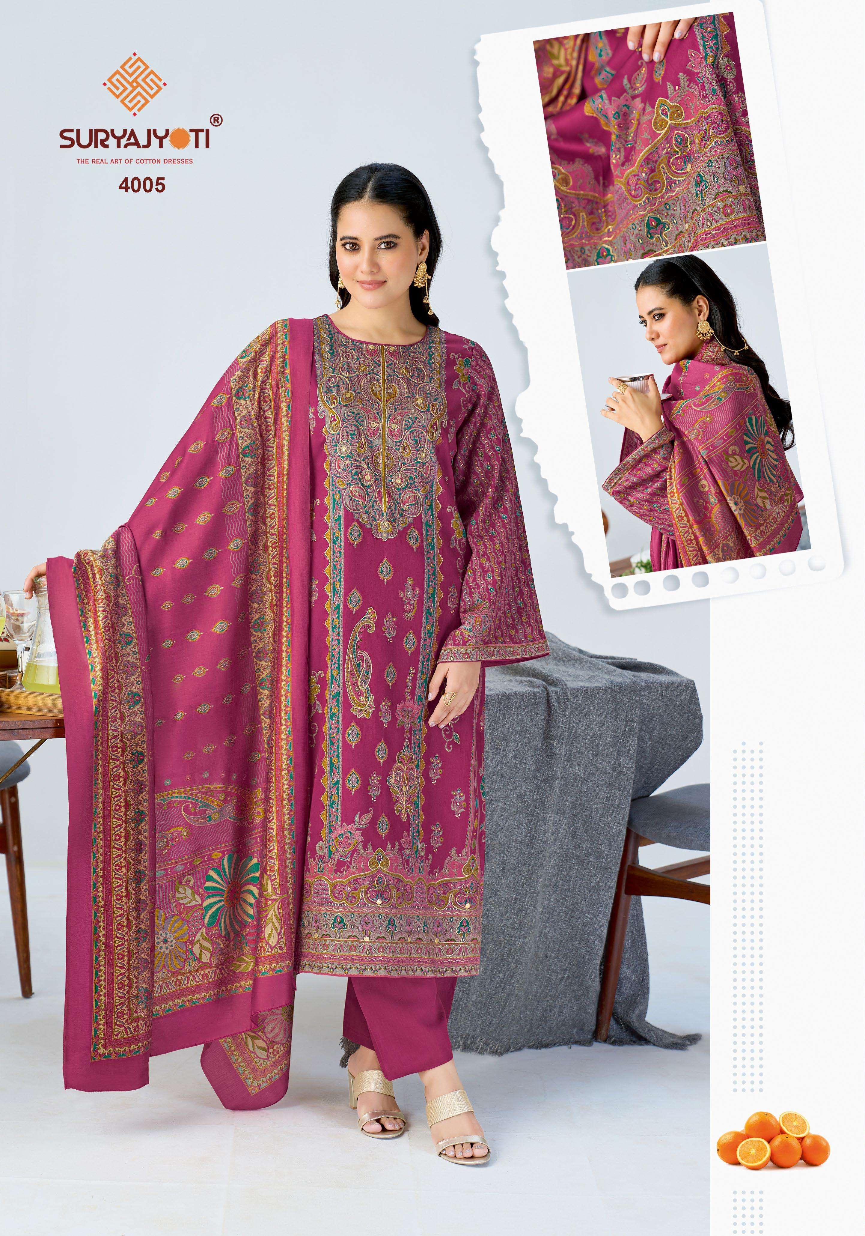 SURYAJYOTI KAMILA VOL 4 JAM SATIN PRINT WITH SWAROVSKI WORK SUIT