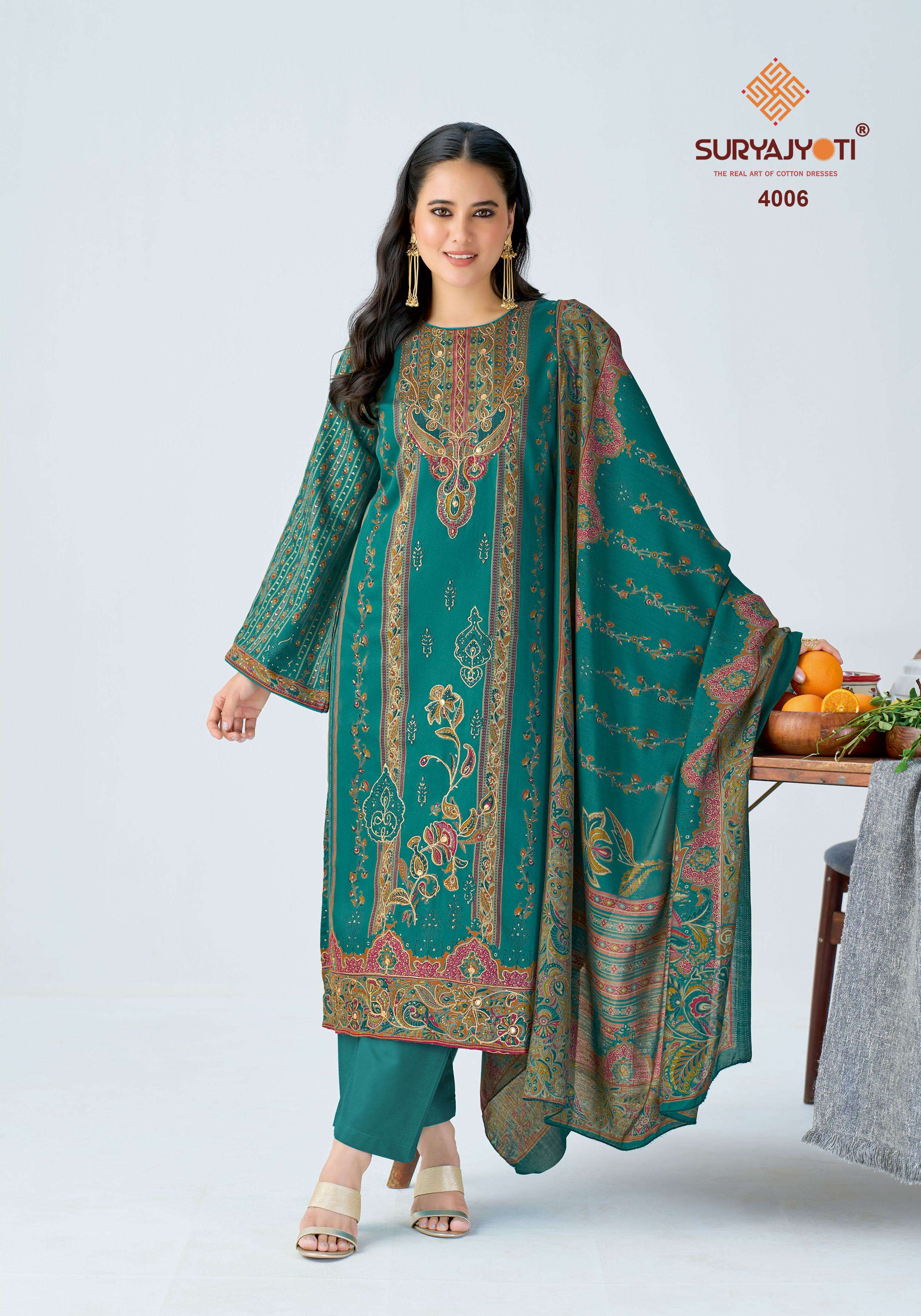 SURYAJYOTI KAMILA VOL 4 JAM SATIN PRINT WITH SWAROVSKI WORK SUIT