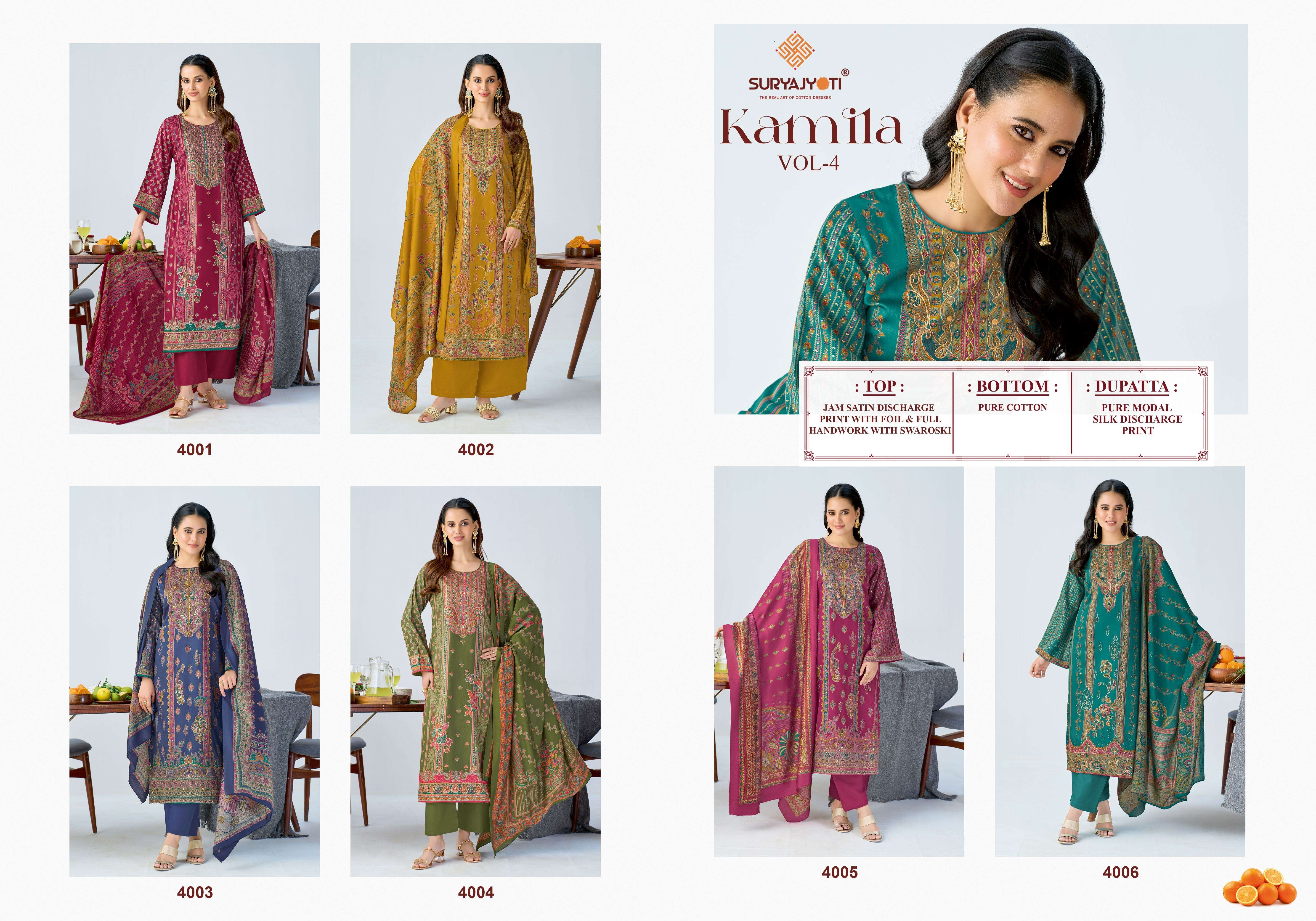 SURYAJYOTI KAMILA VOL 4 JAM SATIN PRINT WITH SWAROVSKI WORK SUIT
